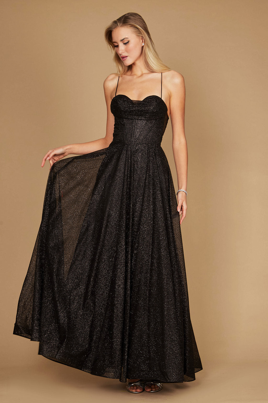 Long Sparkling Cowl Corset Prom Dress – Charcoal