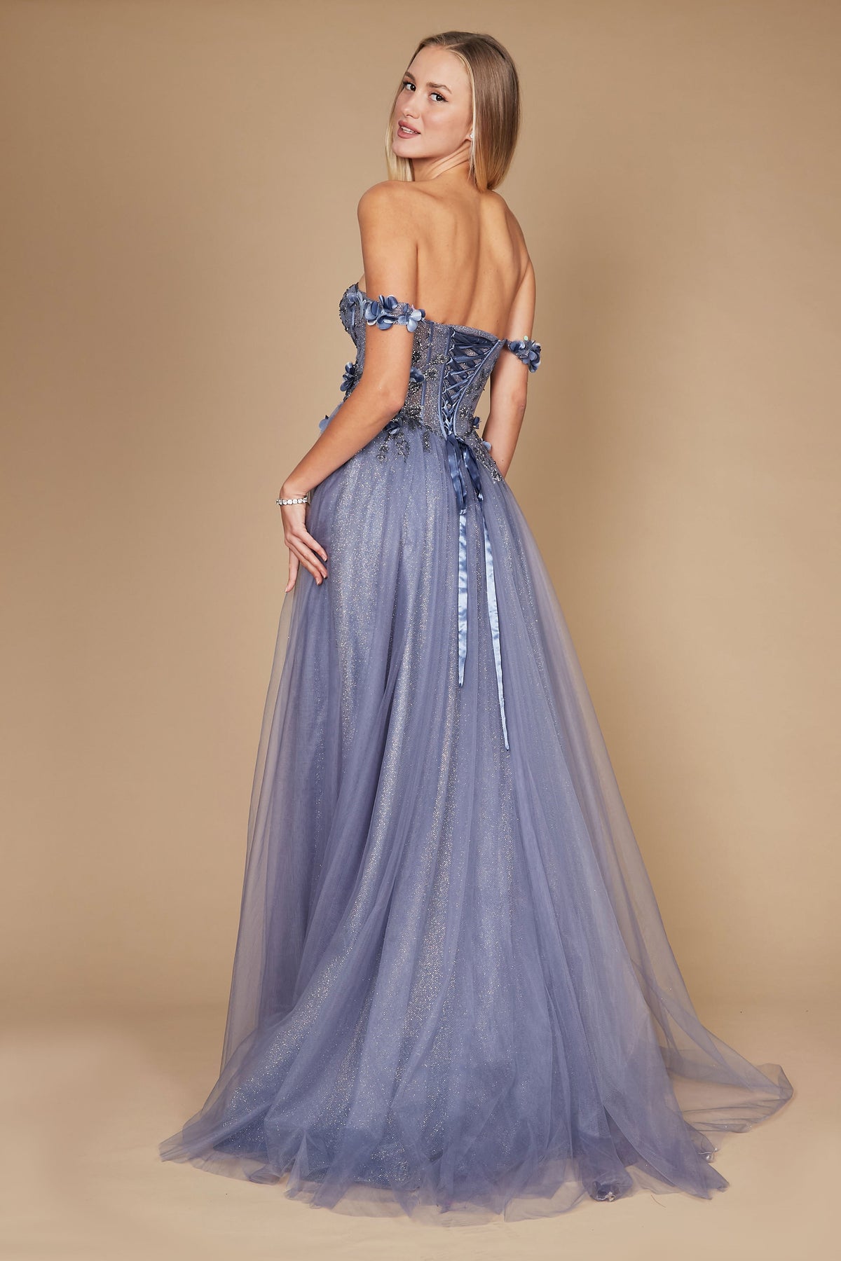 Long Strapless Floral Off-the-Shoulder Formal Prom Dress – Periwinkle Blue