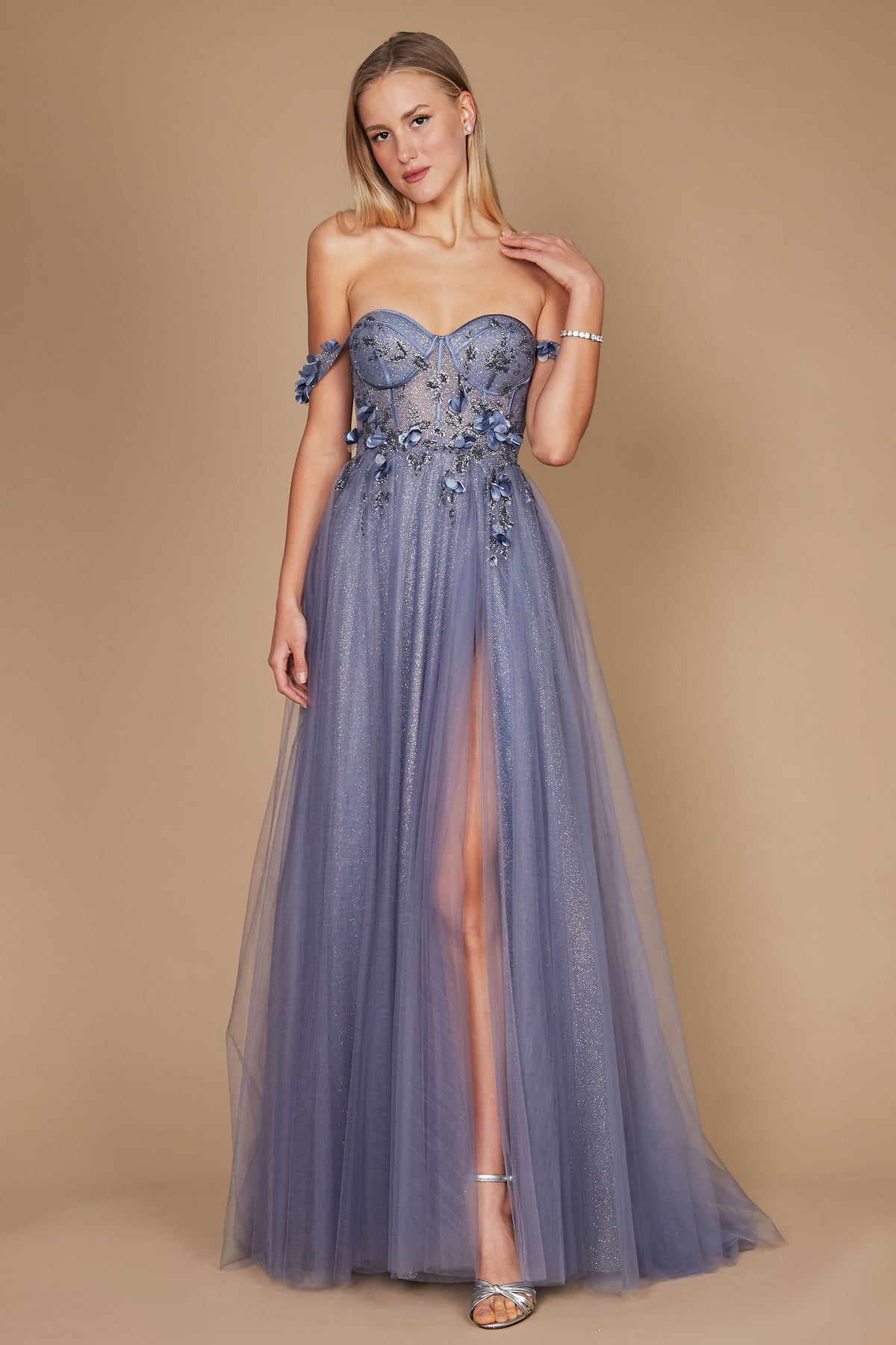 Long Strapless Floral Off-the-Shoulder Formal Prom Dress – Periwinkle Blue