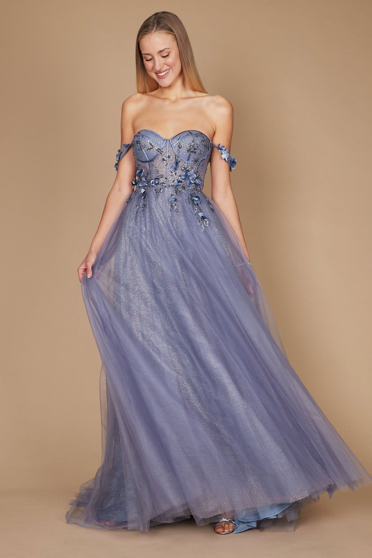 Long Strapless Floral Off-the-Shoulder Formal Prom Dress – Periwinkle Blue