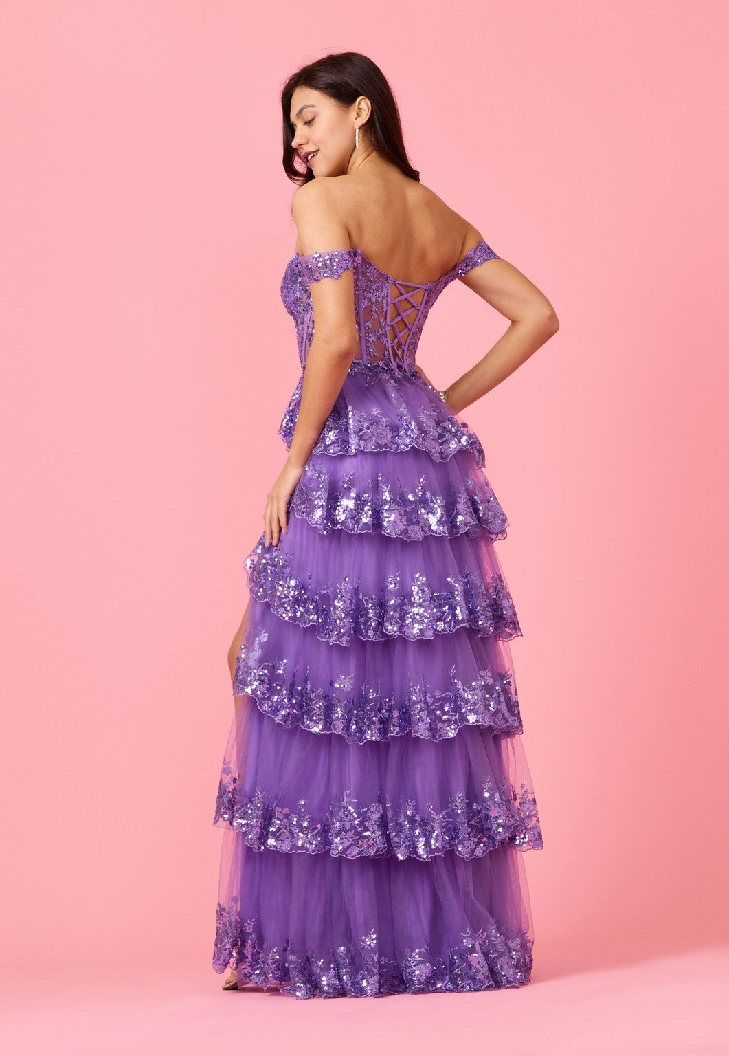 Long Sequin Off-the-Shoulder Sheer Lace Corset Prom Dress – Navy