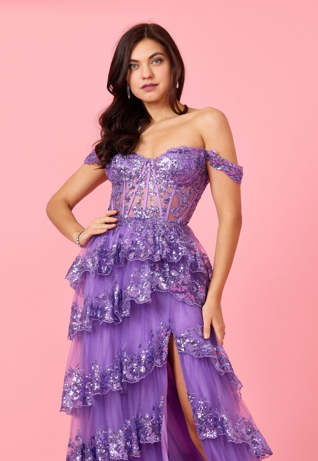 Long Sequin Off-the-Shoulder Sheer Lace Corset Prom Dress – Black
