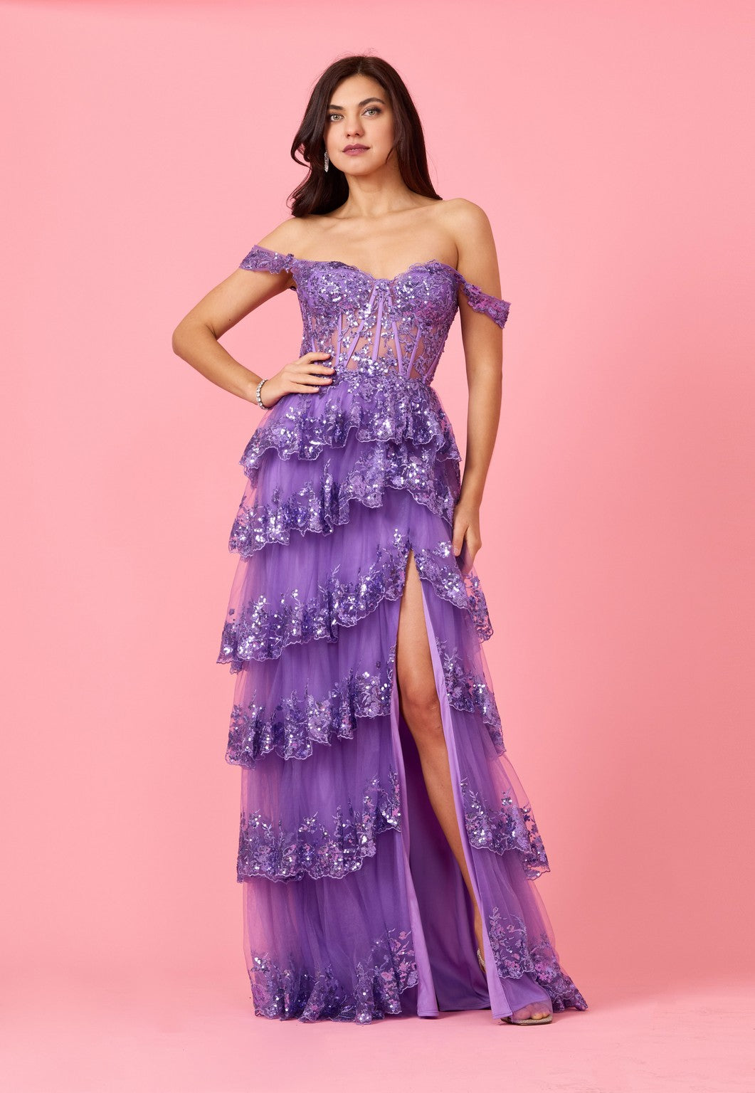 Long Sequin Off-the-Shoulder Sheer Lace Corset Prom Dress – Navy