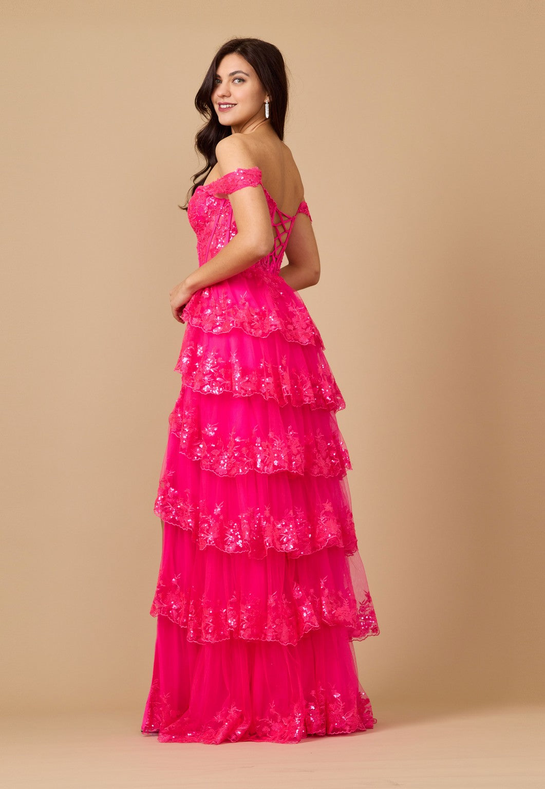 Long Sequin Off-the-Shoulder Sheer Lace Corset Prom Dress – Dark Lilac