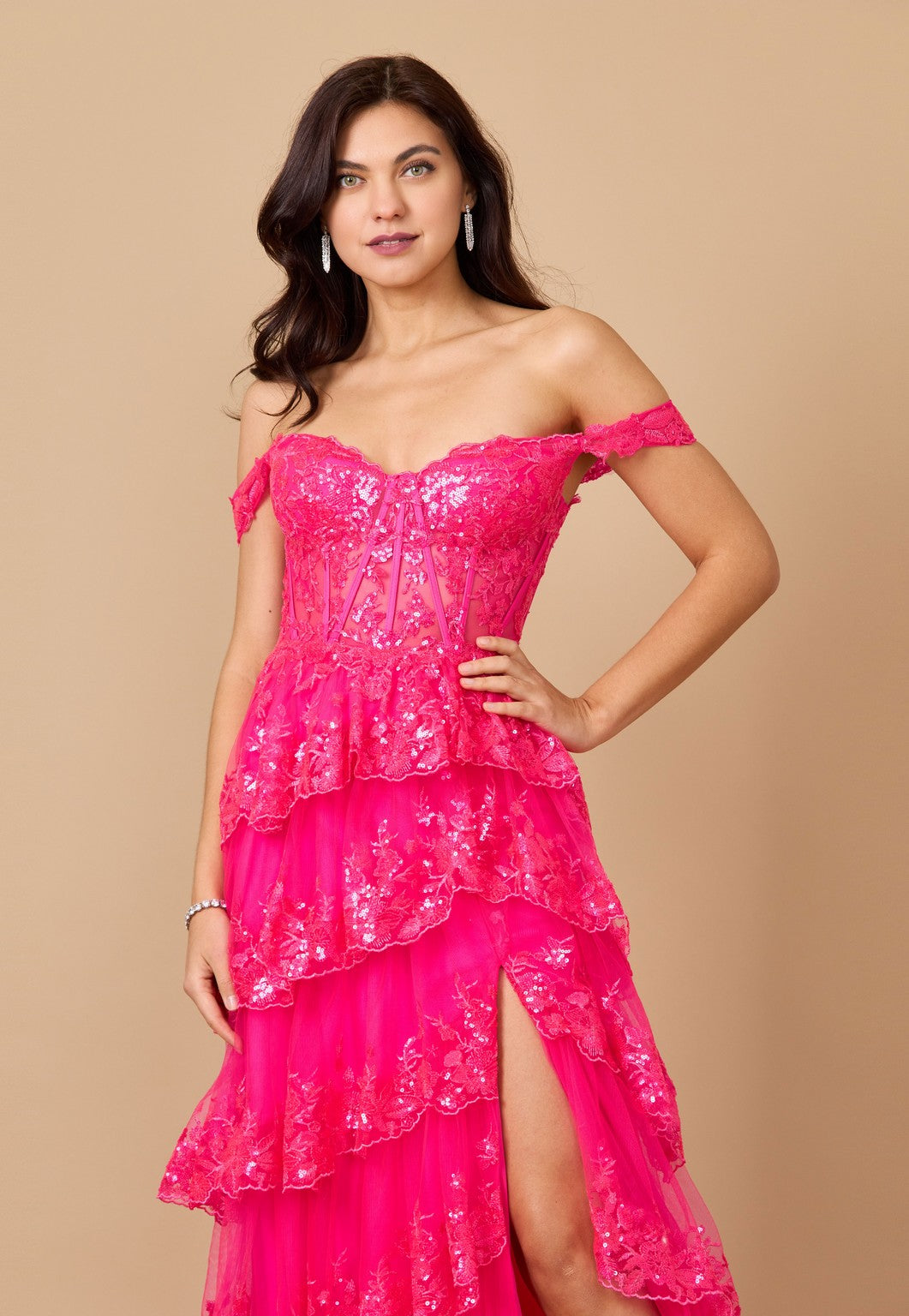 Long Sequin Off-the-Shoulder Sheer Lace Corset Prom Dress – Dark Lilac