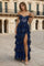 Long Sequin Off-the-Shoulder Sheer Lace Corset Prom Dress – Navy