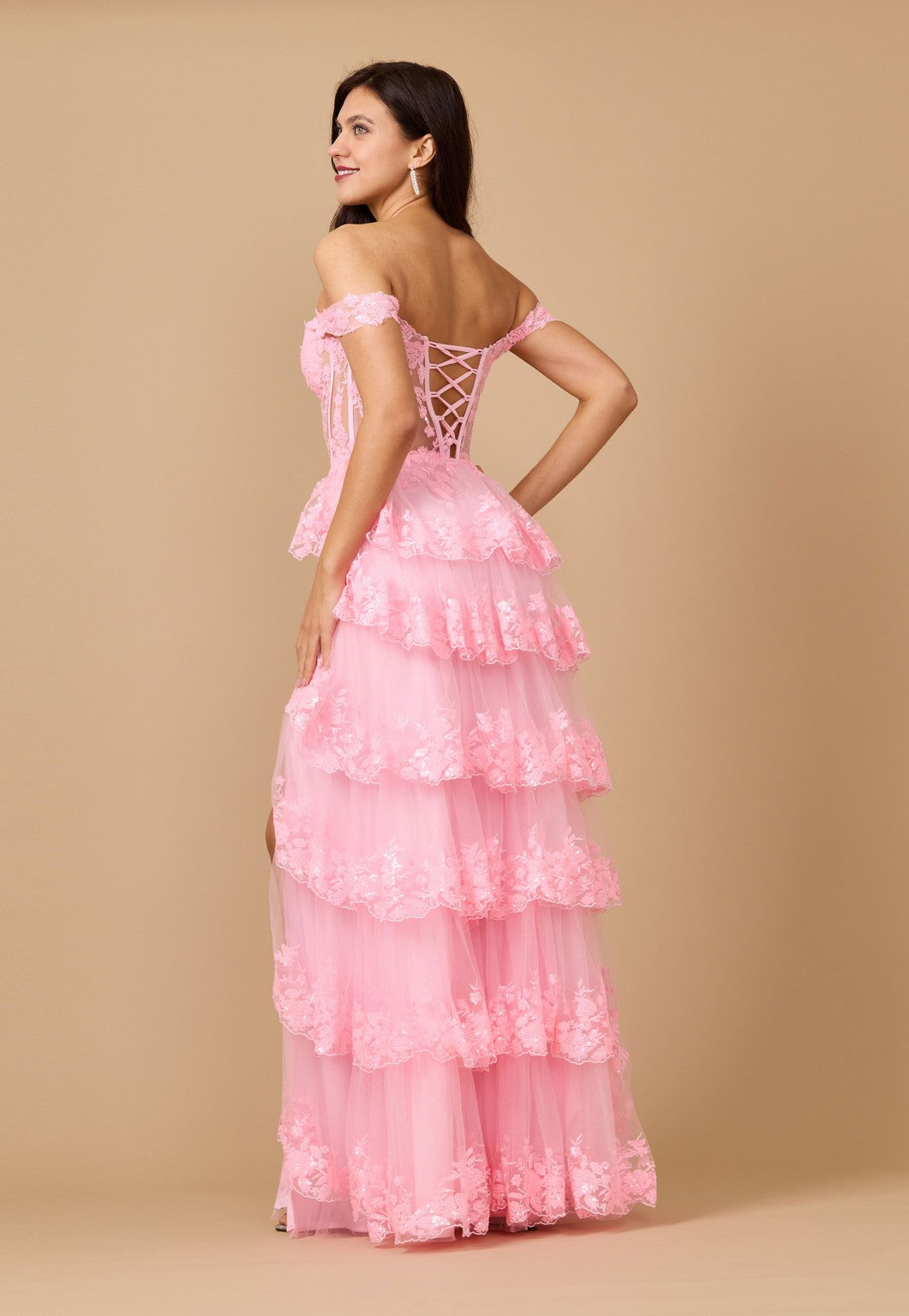 Long Sequin Off-the-Shoulder Sheer Lace Corset Prom Dress – Black