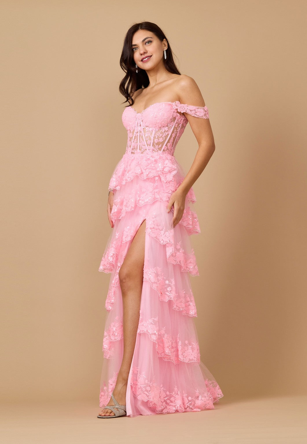 Long Sequin Off-the-Shoulder Sheer Lace Corset Prom Dress – Dark Lilac