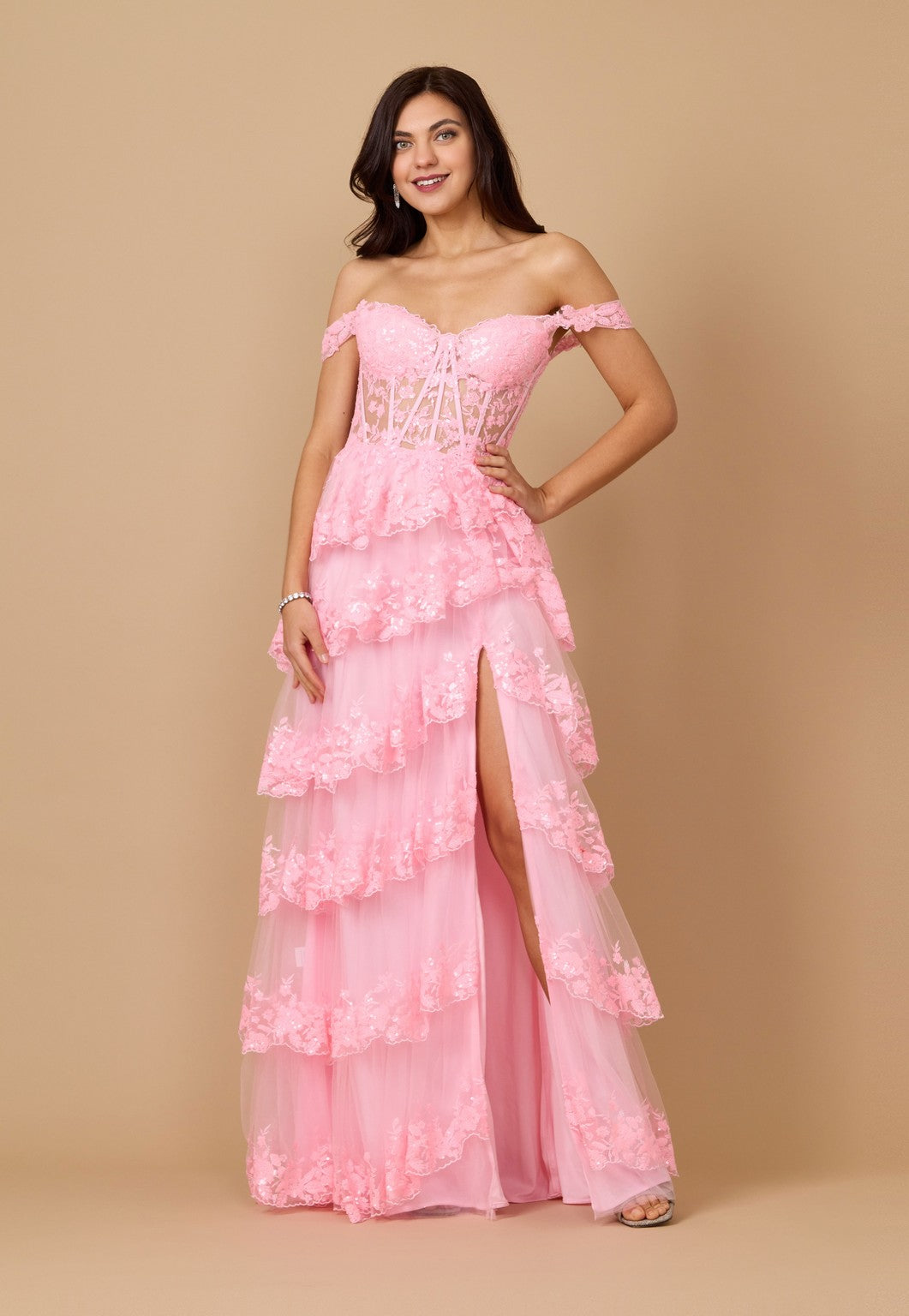 Long Sequin Off-the-Shoulder Sheer Lace Corset Prom Dress – Black