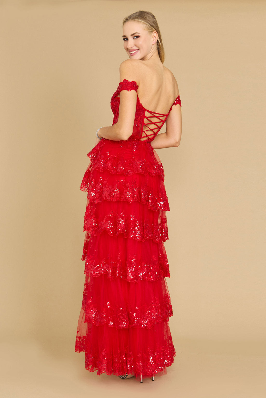Long Sequin Off-the-Shoulder Sheer Lace Corset Prom Dress – Fuchsia