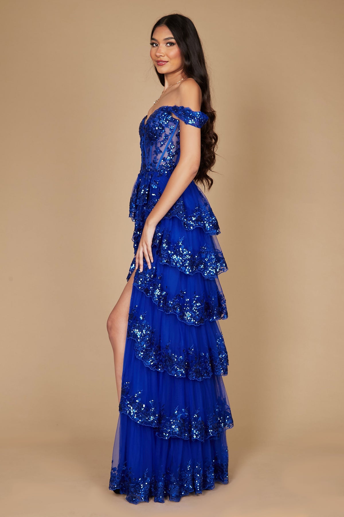 Long Sequin Off-the-Shoulder Sheer Lace Corset Prom Dress – Pink