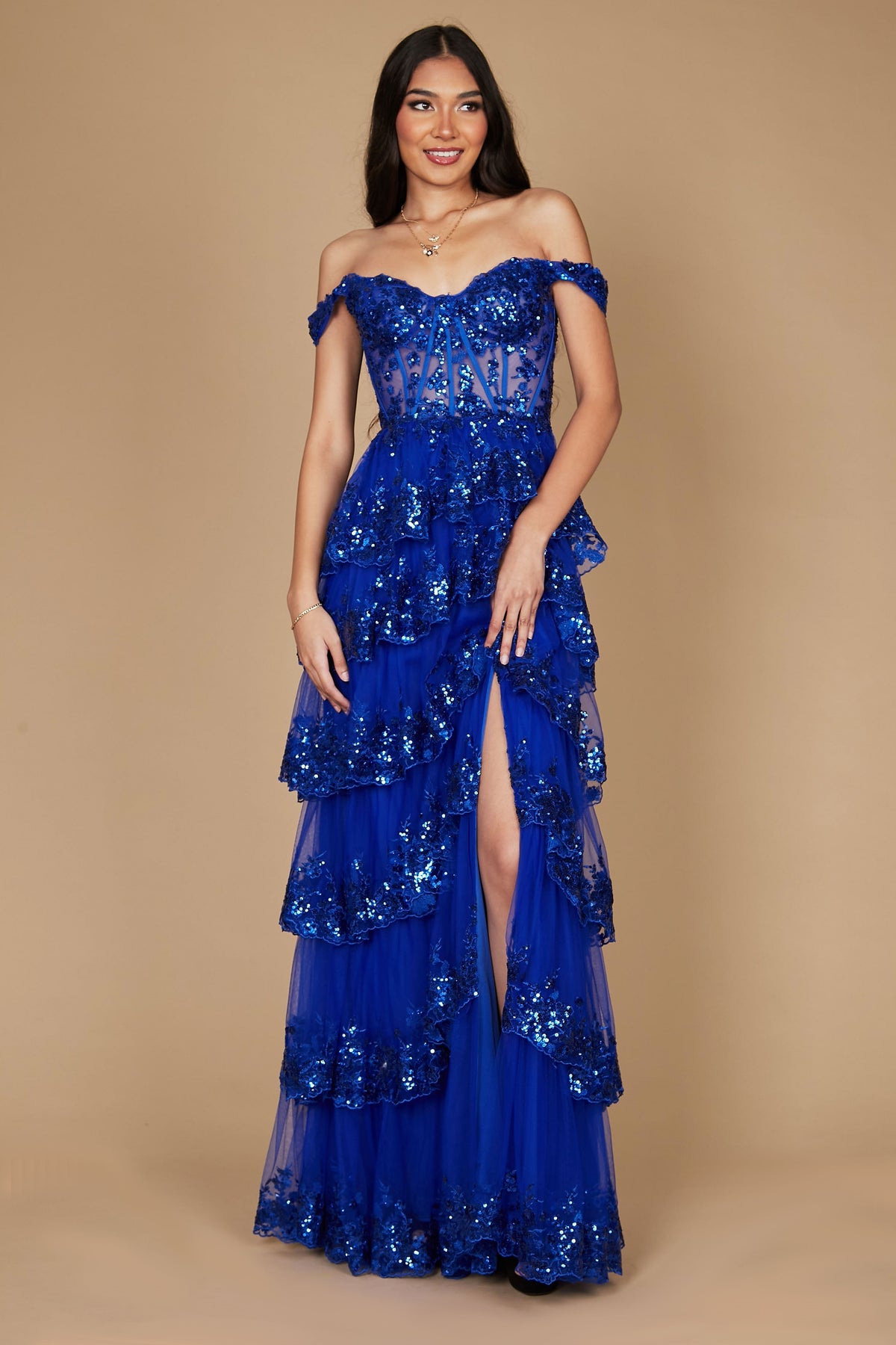 Long Sequin Off-the-Shoulder Sheer Lace Corset Prom Dress – Pink
