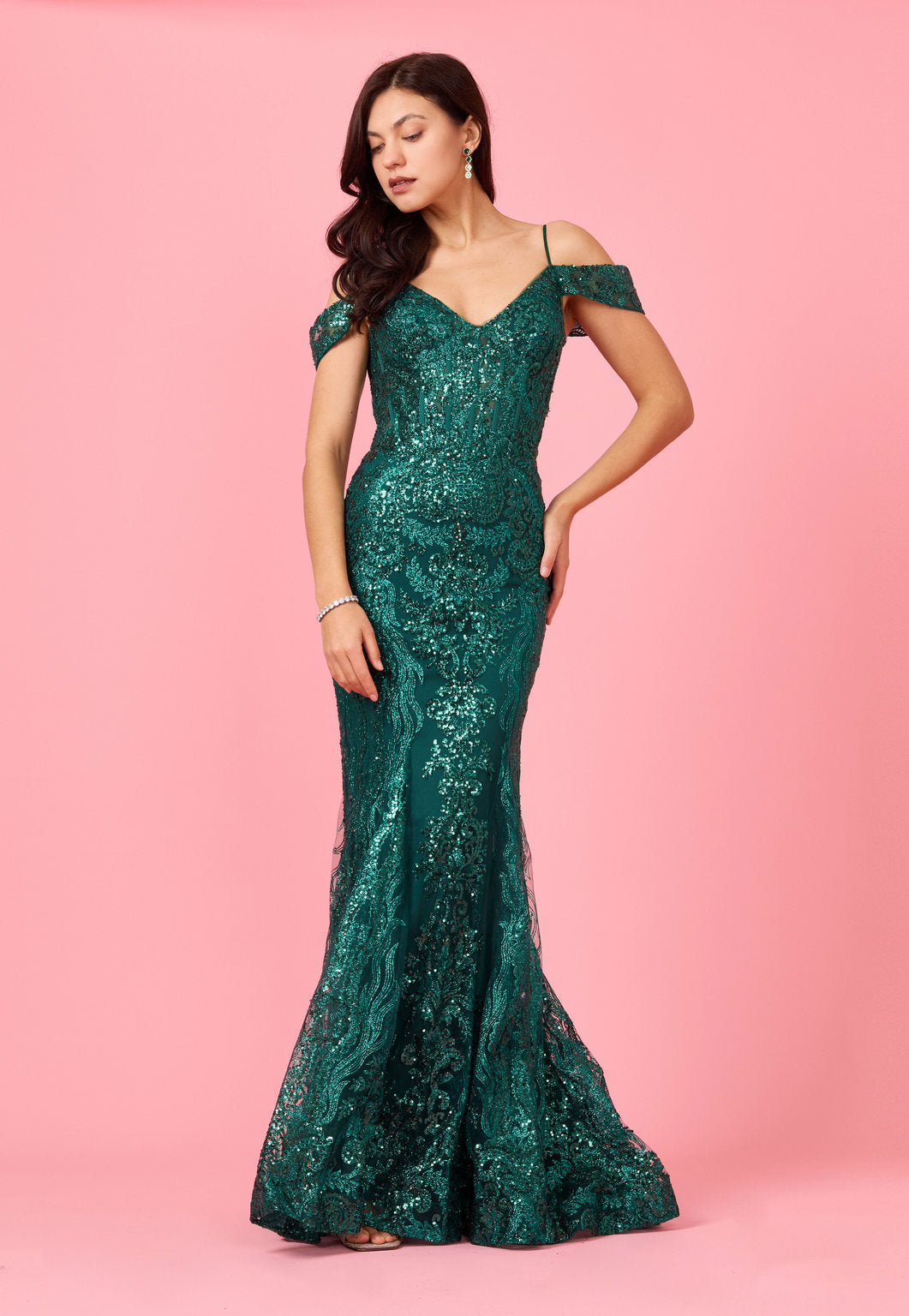 Off-the-Shoulder Sequin Corset Formal Prom Dress – Emerald Green