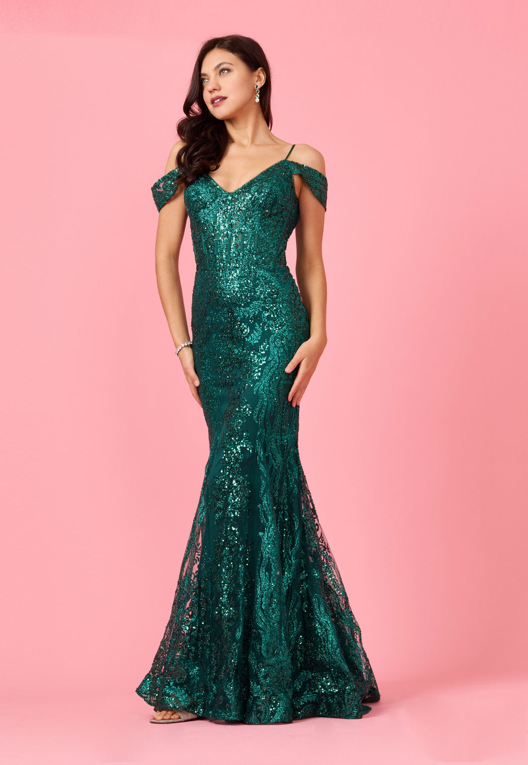 Off-the-Shoulder Sequin Corset Formal Prom Dress – Emerald Green