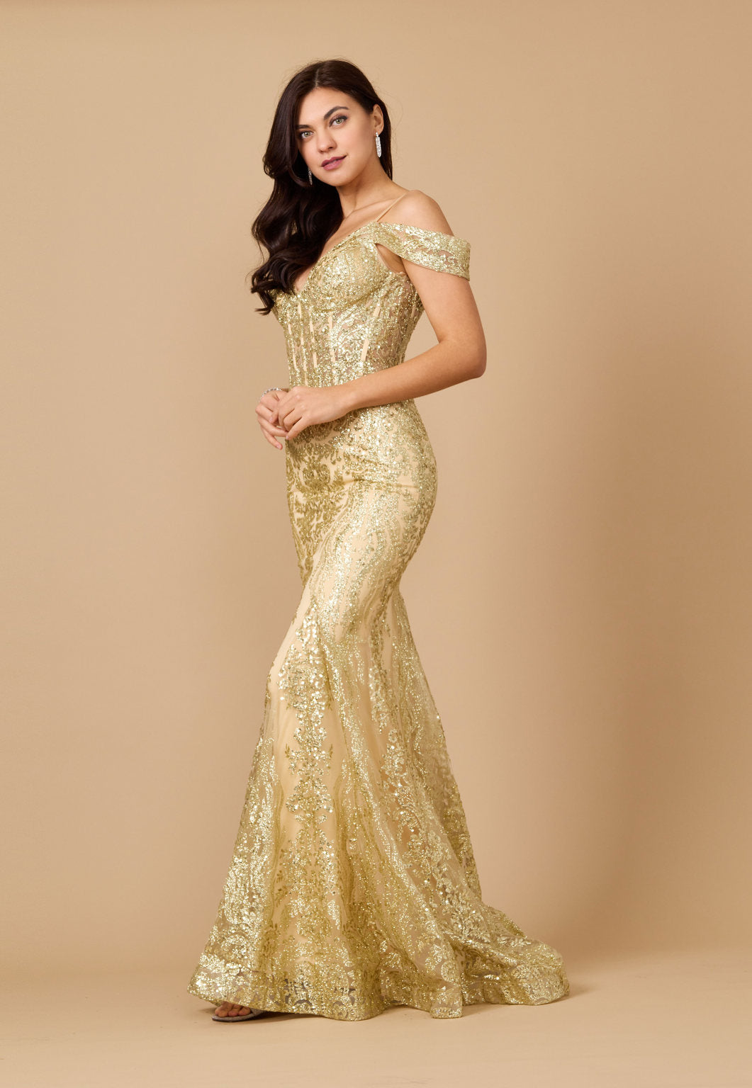 Off-the-Shoulder Sequin Corset Formal Prom Dress – Red