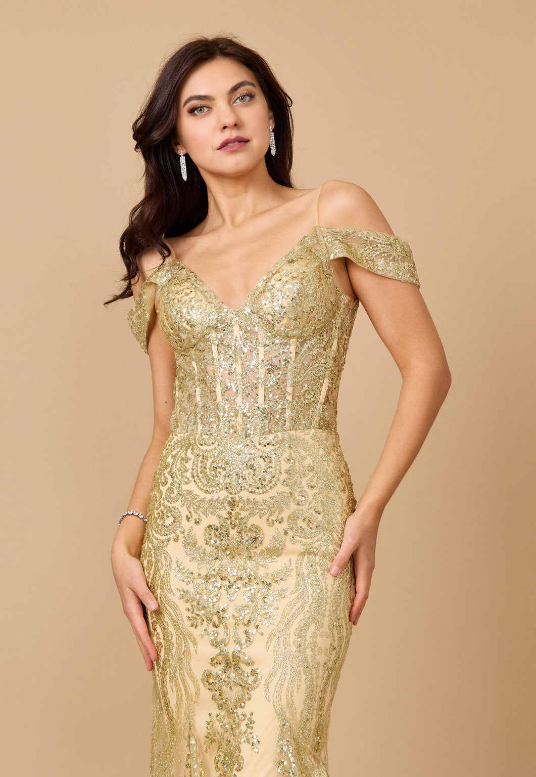 Off-the-Shoulder Sequin Corset Formal Prom Dress – Red