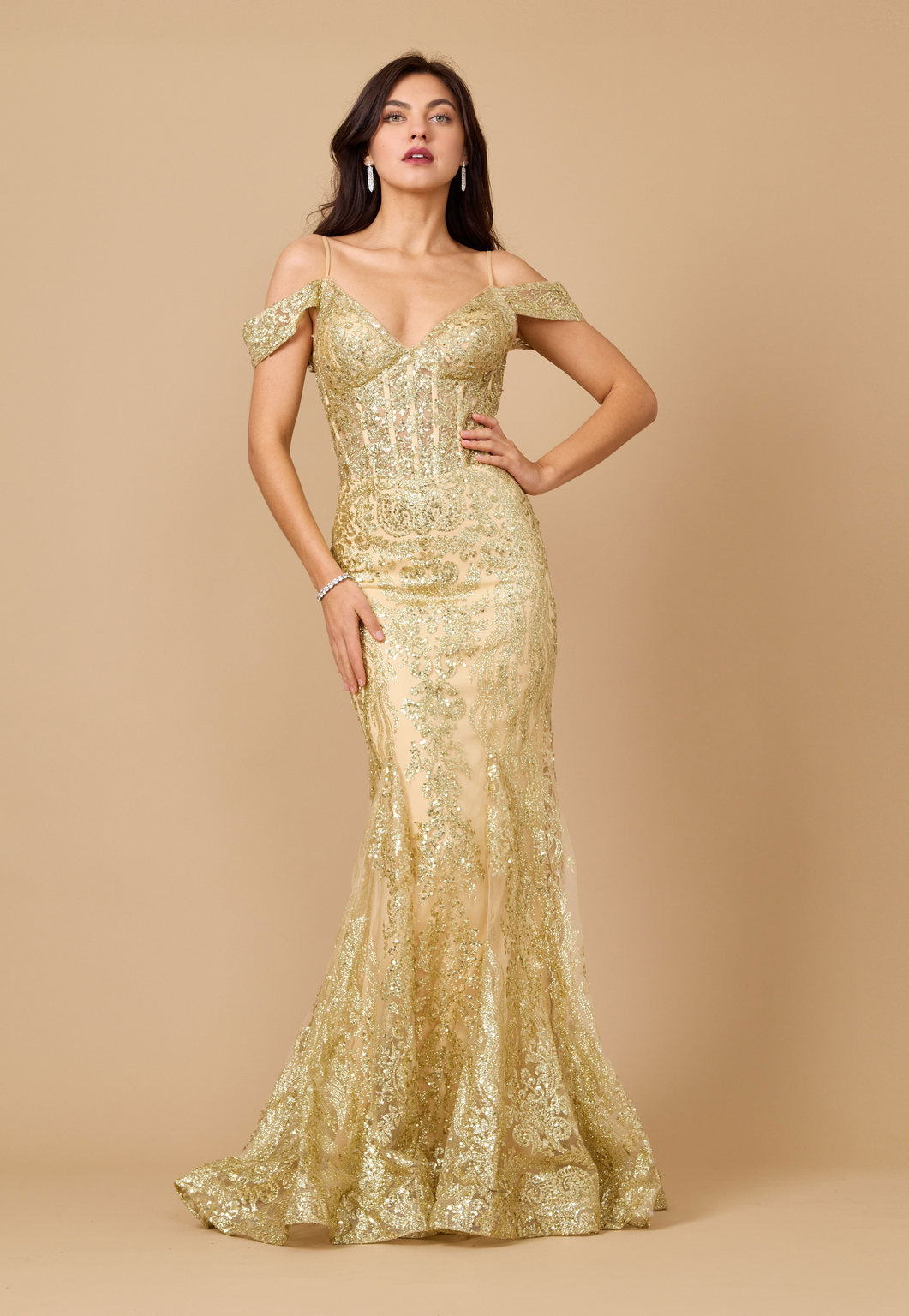 Off-the-Shoulder Sequin Corset Formal Prom Dress – Emerald Green
