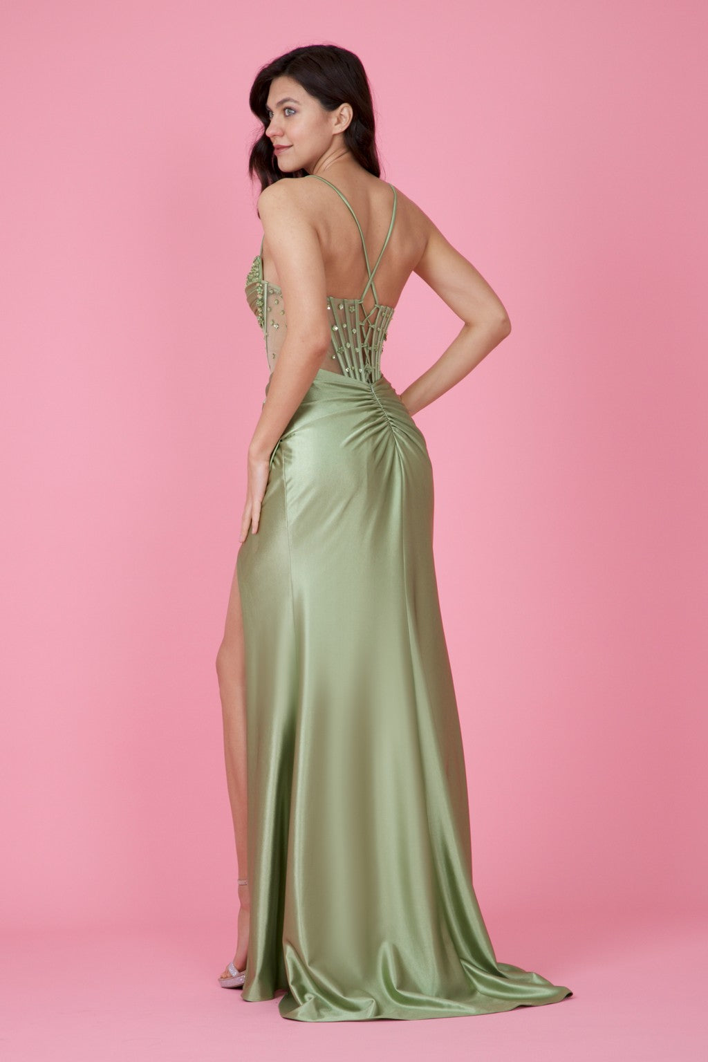 Sweetheart Satin Long Beaded Formal Corset Prom Dress – Burgundy