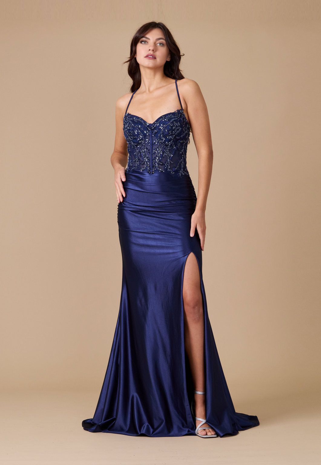Open Back Long Formal Prom Dress – Navy
