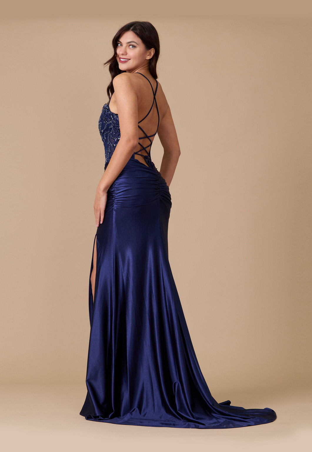Open Back Long Formal Prom Dress – Navy