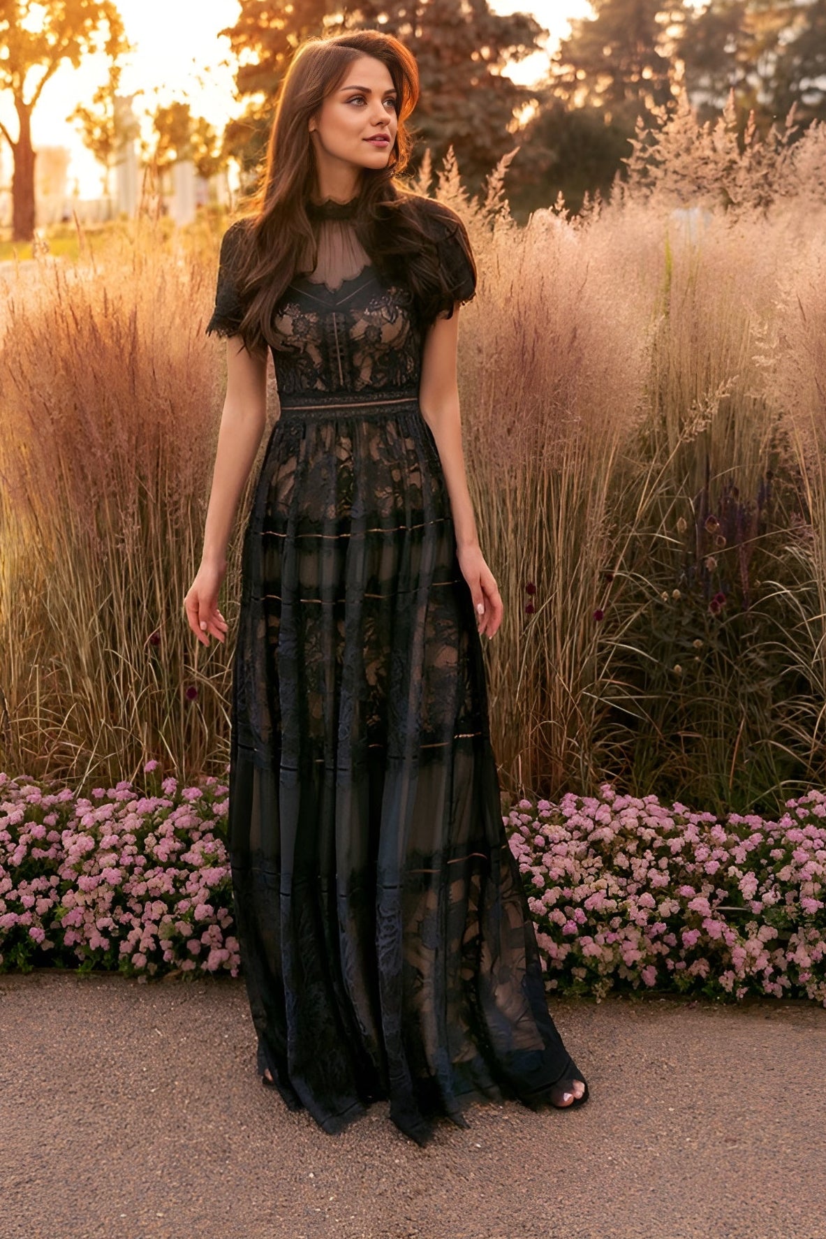 Long Lace Short Sleeve Formal Black Evening Dress – Black