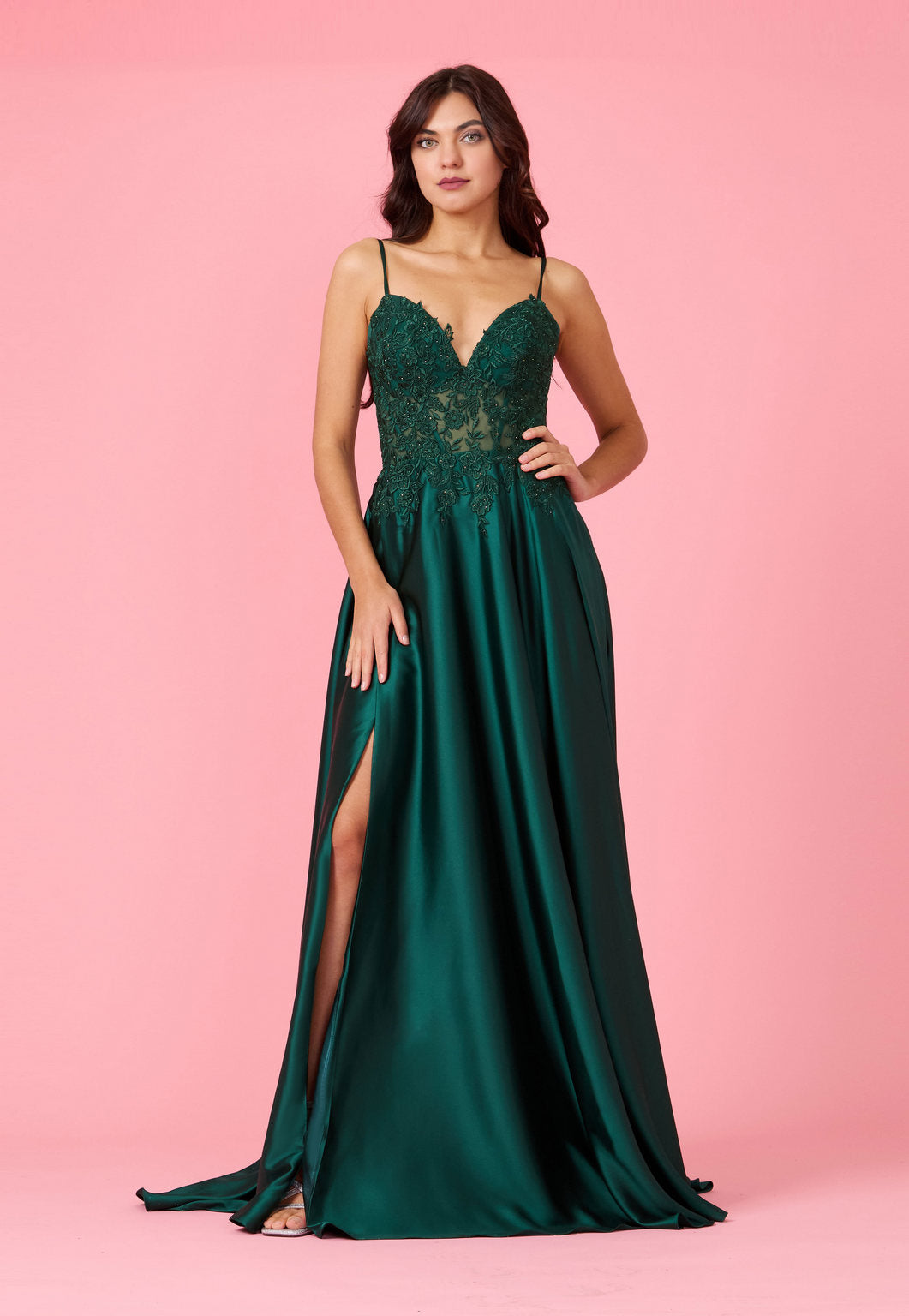 Long Chiffon Lace Illusion Formal Prom Dress – Emerald Green