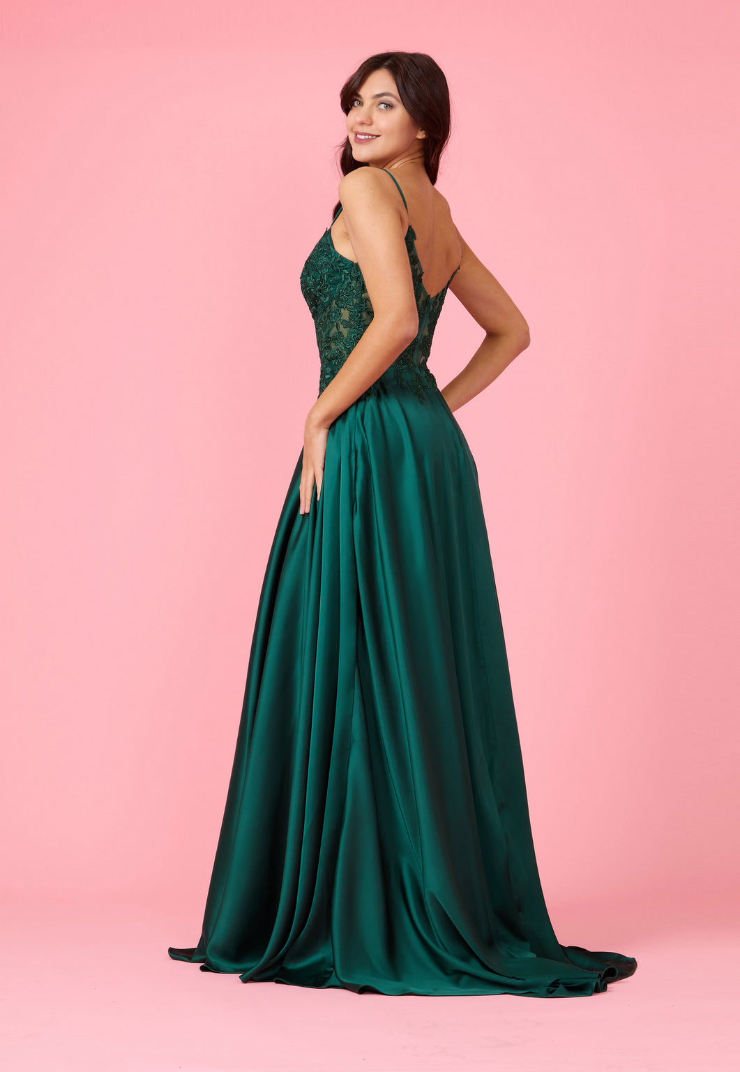 Long Chiffon Lace Illusion Formal Prom Dress – Emerald Green
