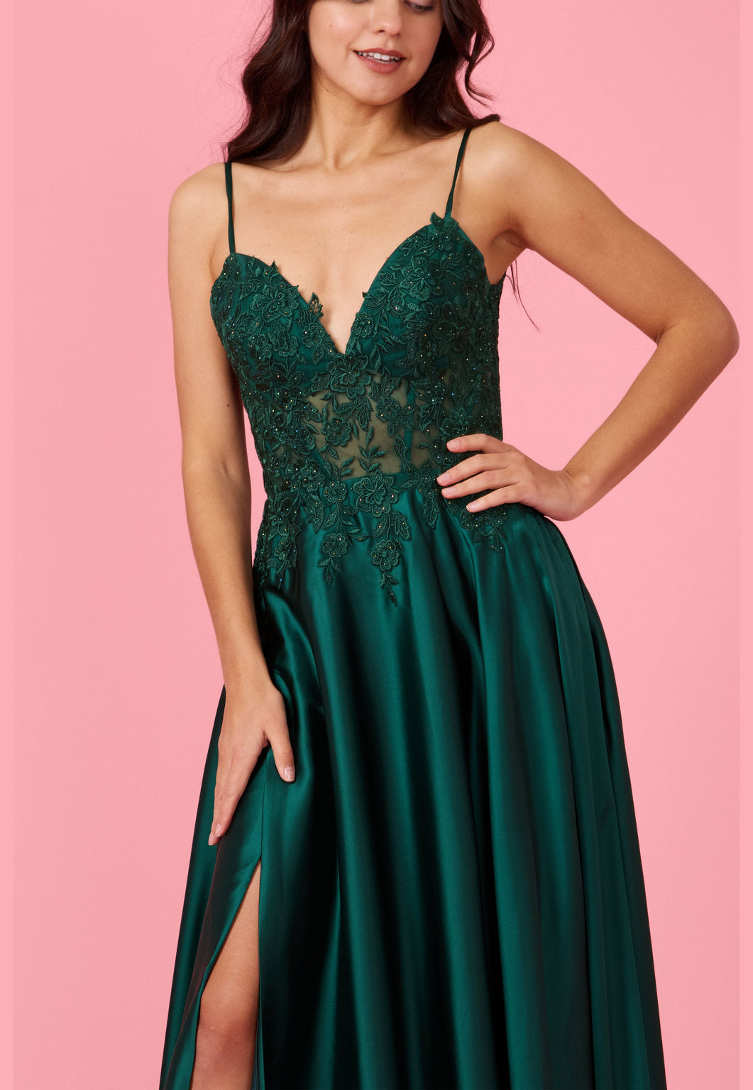 Long Chiffon Lace Illusion Formal Prom Dress – Emerald Green
