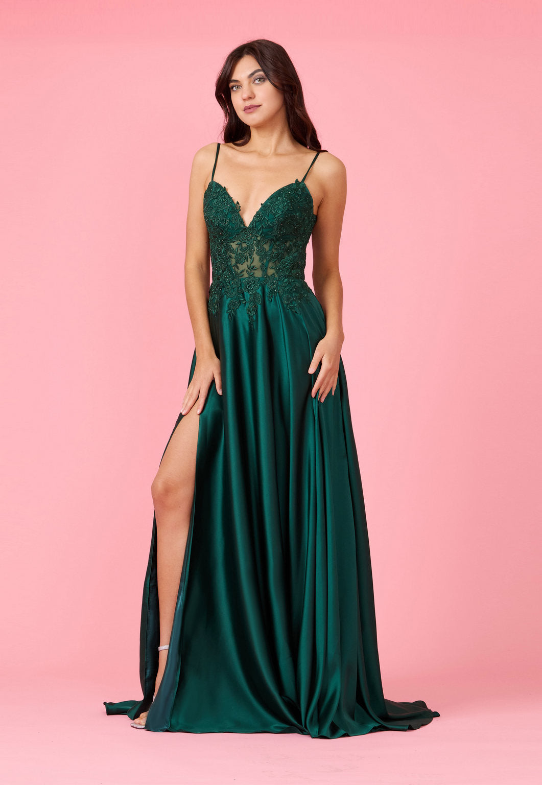 Long Chiffon Lace Illusion Formal Prom Dress – Emerald Green