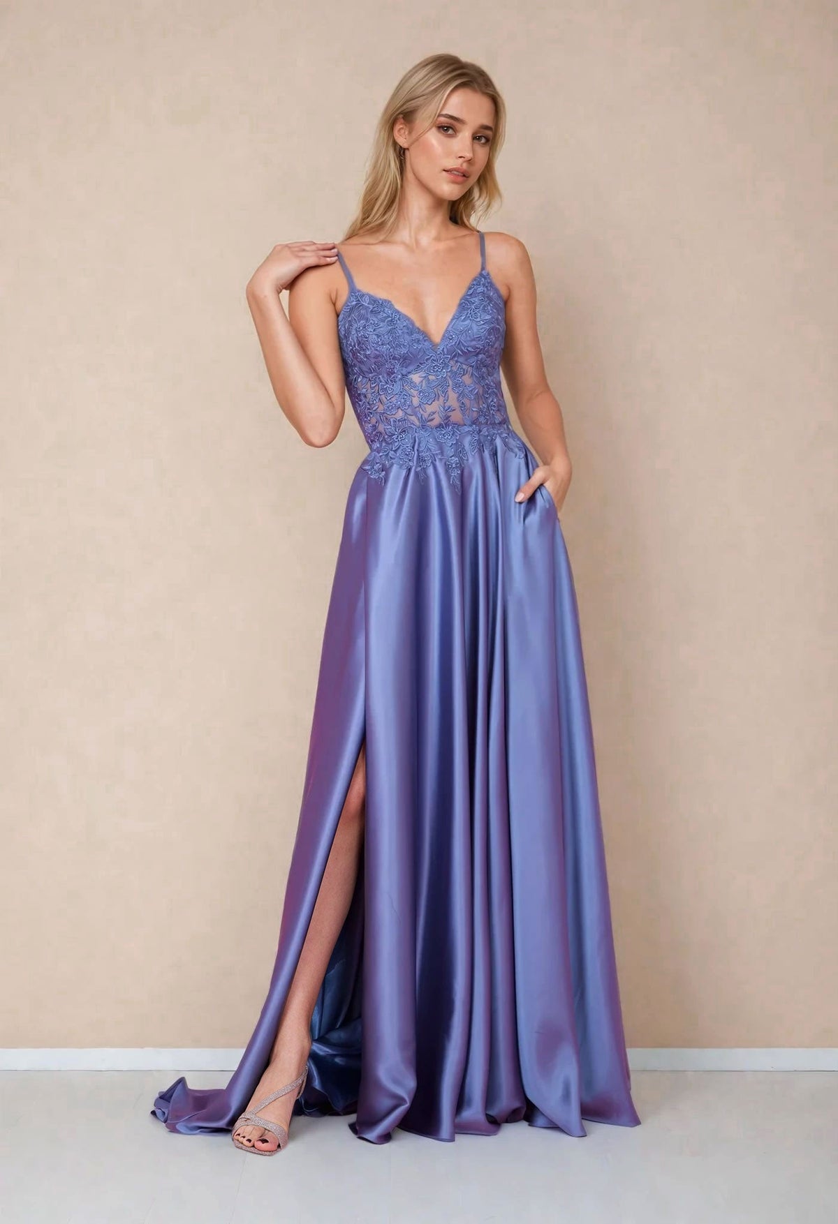 Long Chiffon Lace Illusion Formal Prom Dress – Emerald Green