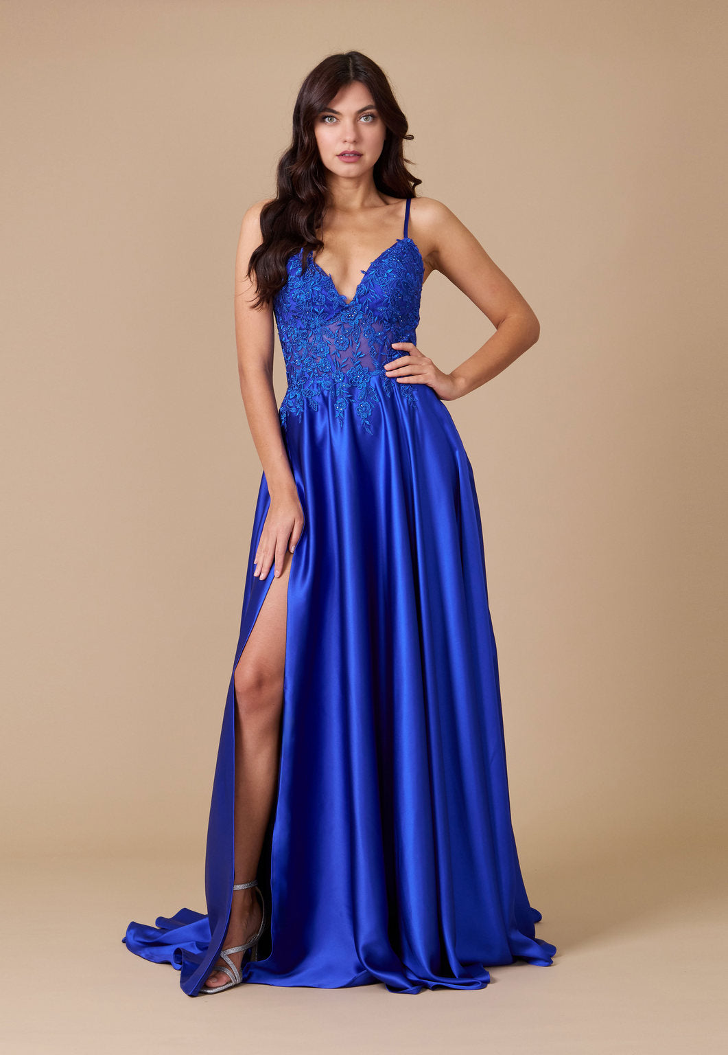 Long Chiffon Lace Illusion Formal Prom Dress – Emerald Green