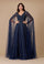 Formal Dresses Cape Sleeve Heavy Beaded Couture Formal Dress Navy