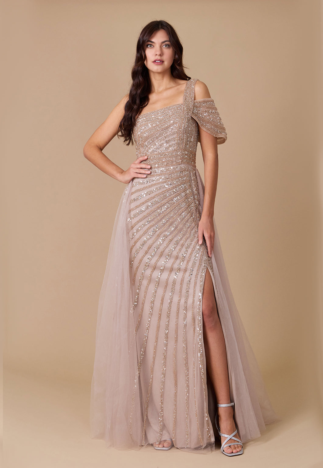 Gold One Shoulder Hand-Beaded Formal Evening Dress – Gold