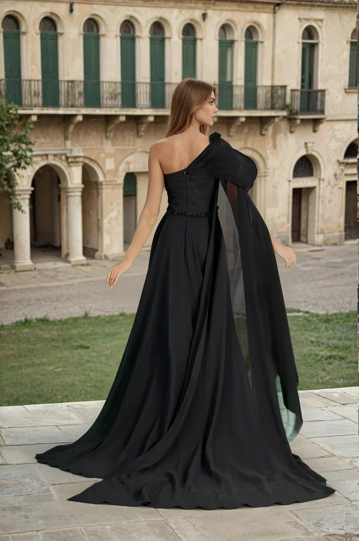 Black Sculpted Shoulder Evening Gown for Black-tie Event, Formal Wedding 1373 – Black