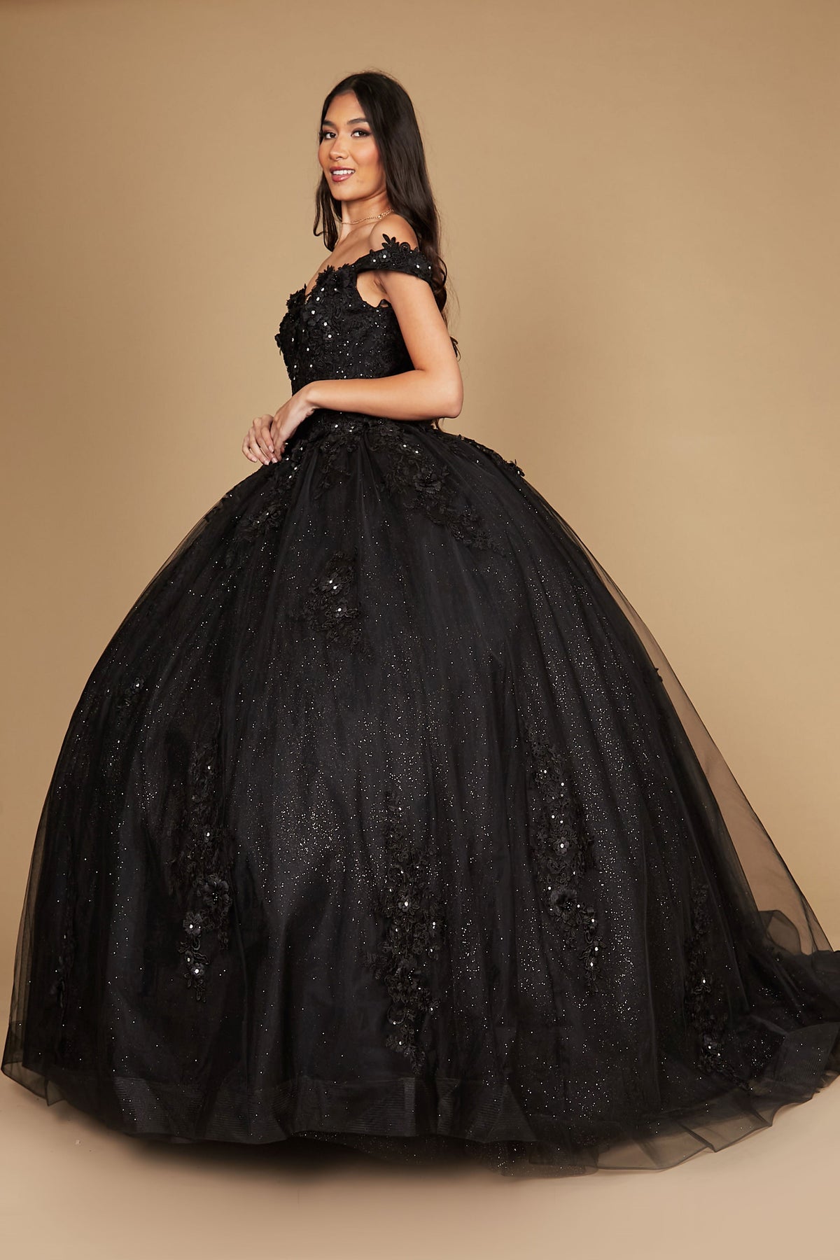 Long Ball Gown Quinceanera Floral Dress – Black