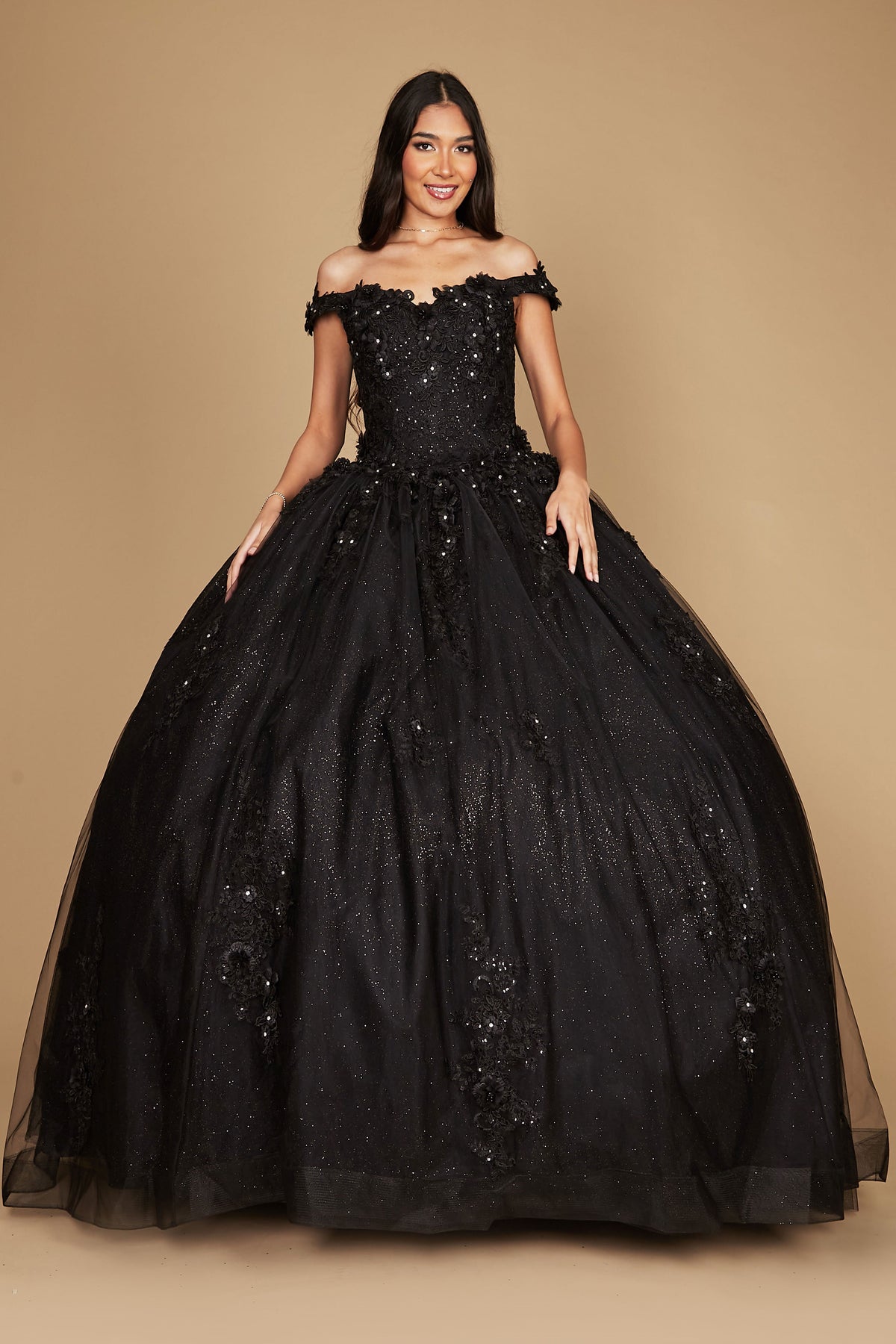 Long Ball Gown Quinceanera Floral Dress – Black