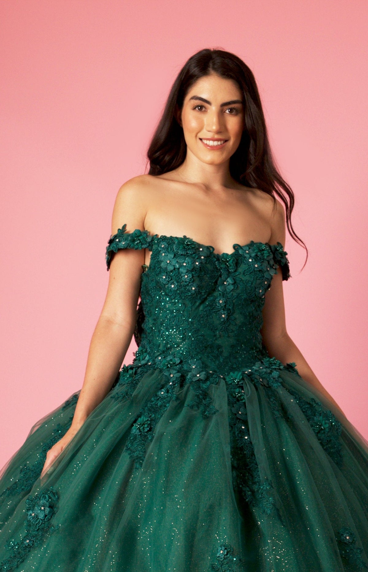 Long Ball Gown Quinceanera Floral Dress – Black
