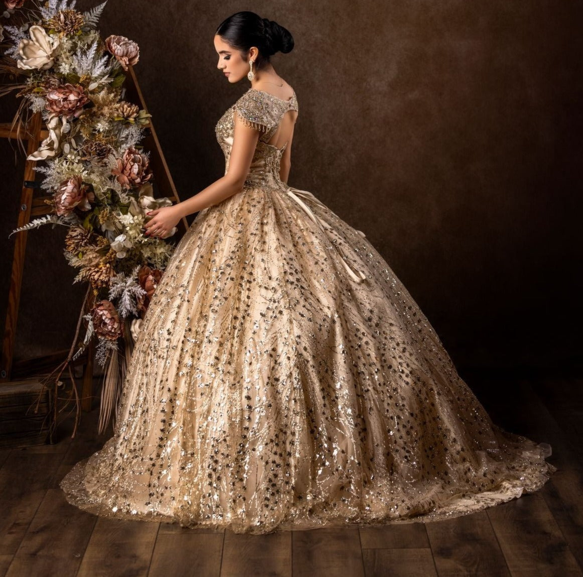 Cap Sleeve Gold Accent Long Quinceanera Dress Ball Gown – Gold