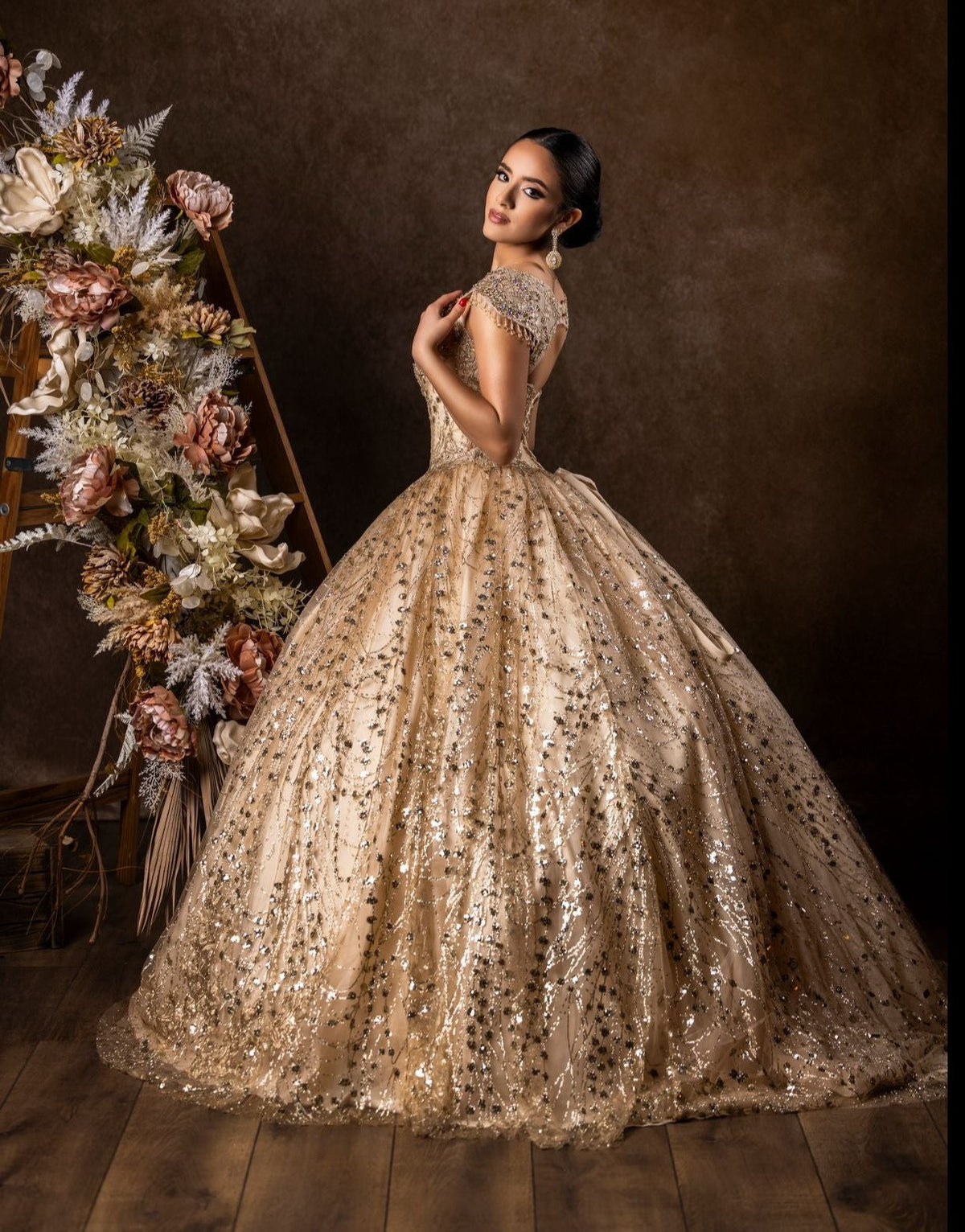 Cap Sleeve Gold Accent Long Quinceanera Dress Ball Gown – Gold