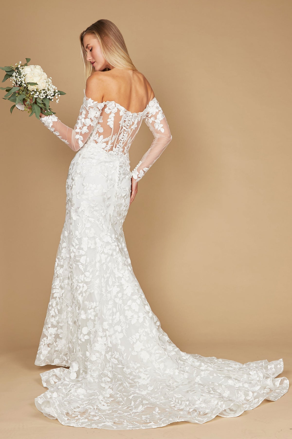 Lace Long Off-the-Shoulder Mermaid Wedding Dress – Off White