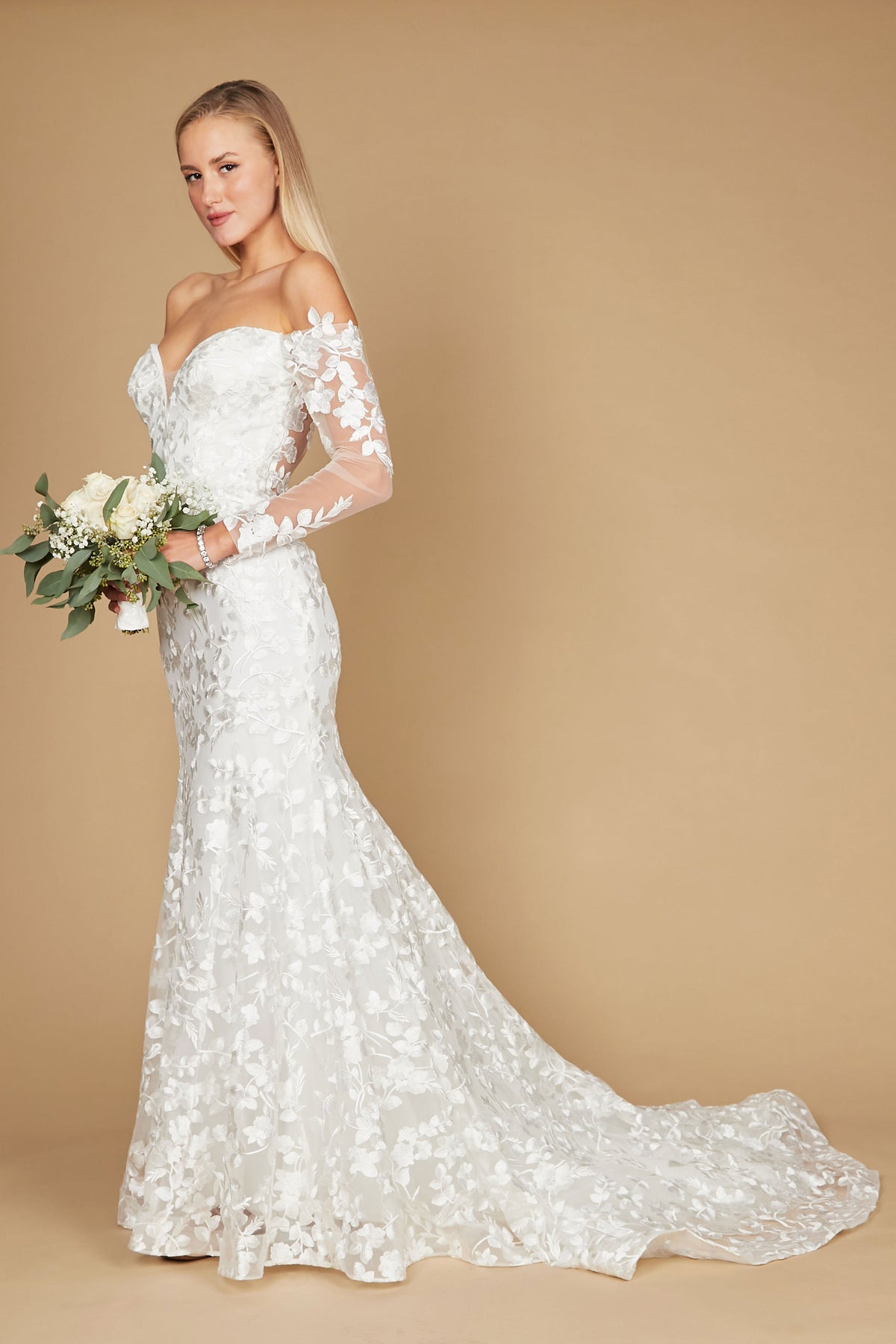 Lace Long Off-the-Shoulder Mermaid Wedding Dress – Off White