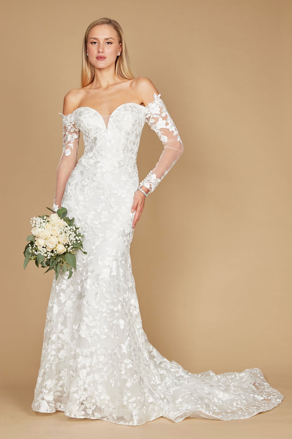 Lace Long Off-the-Shoulder Mermaid Wedding Dress – Off White