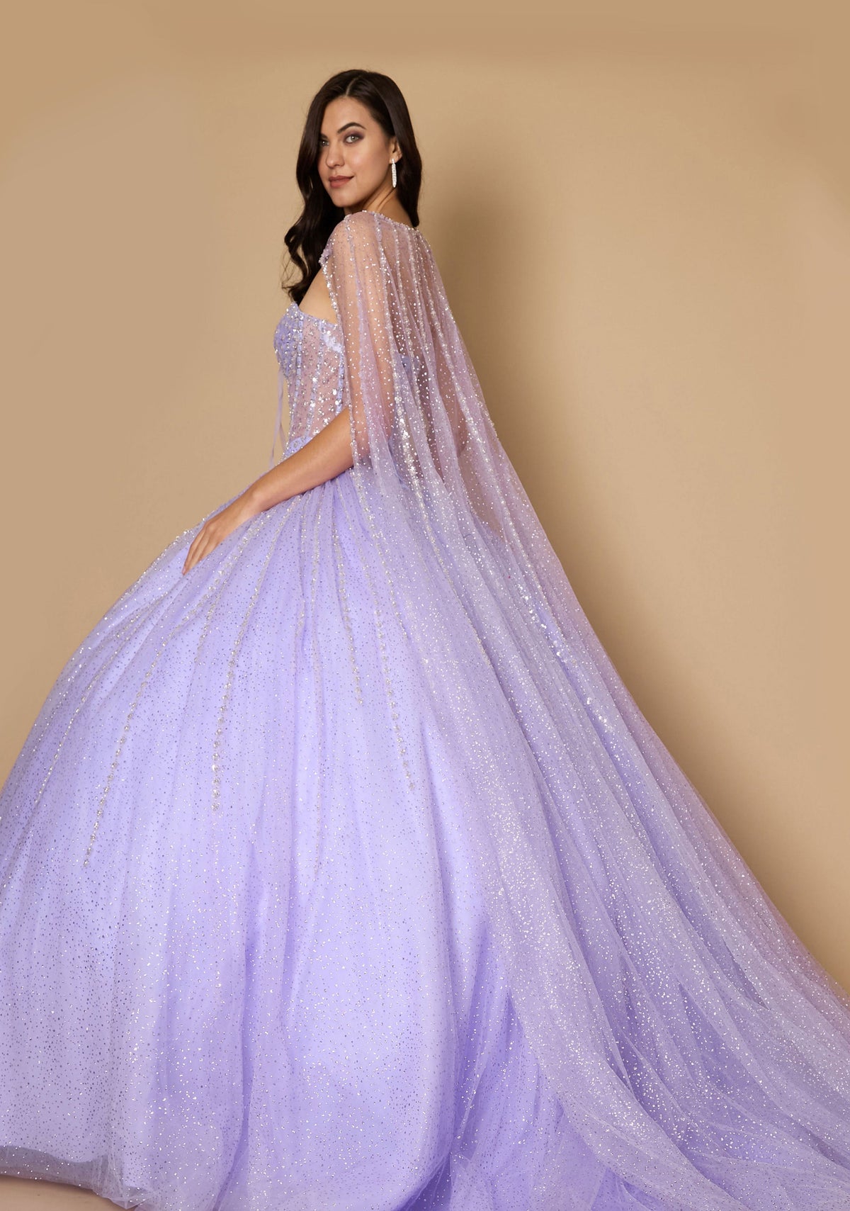Long Corset Quinceanera Dress with Cape – Lilac