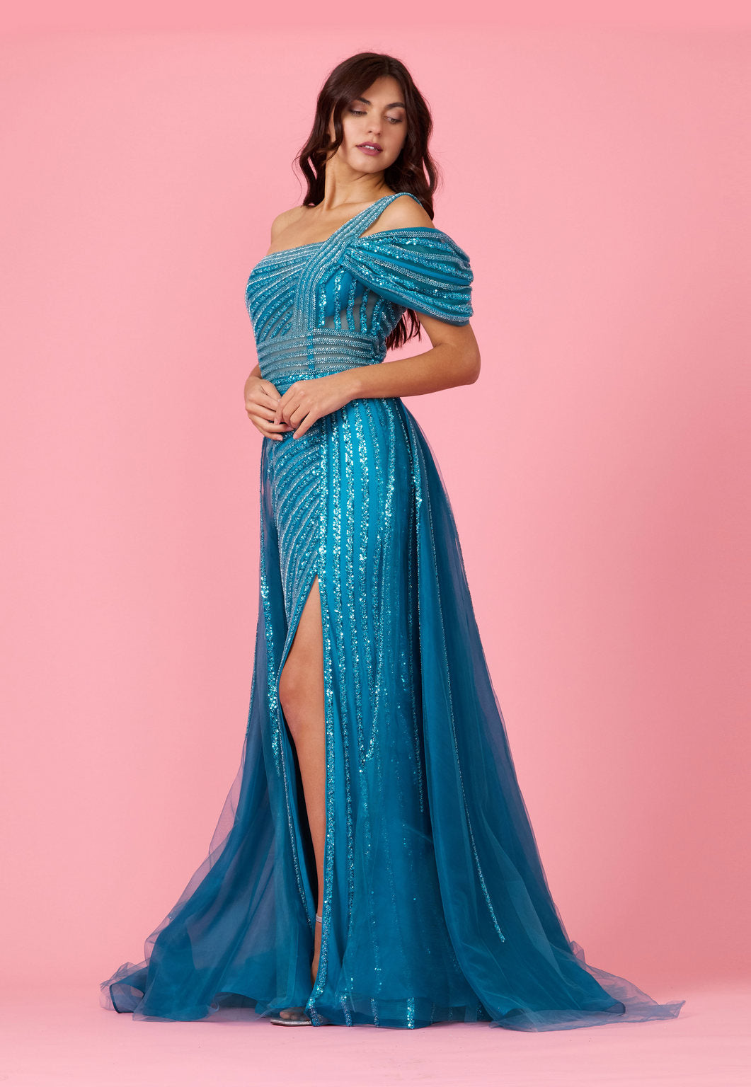 Long Couture Hand Beaded Cold Shoulder Formal Dress – Lilac