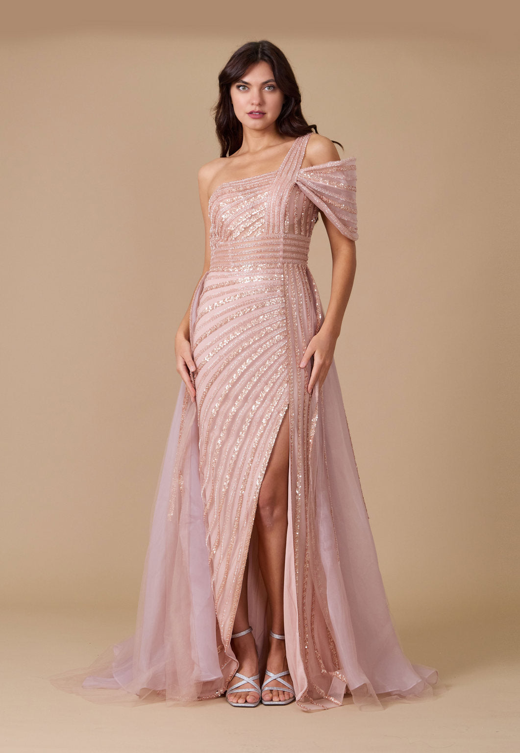 Long Couture Hand Beaded Cold Shoulder Formal Dress – Rose Gold