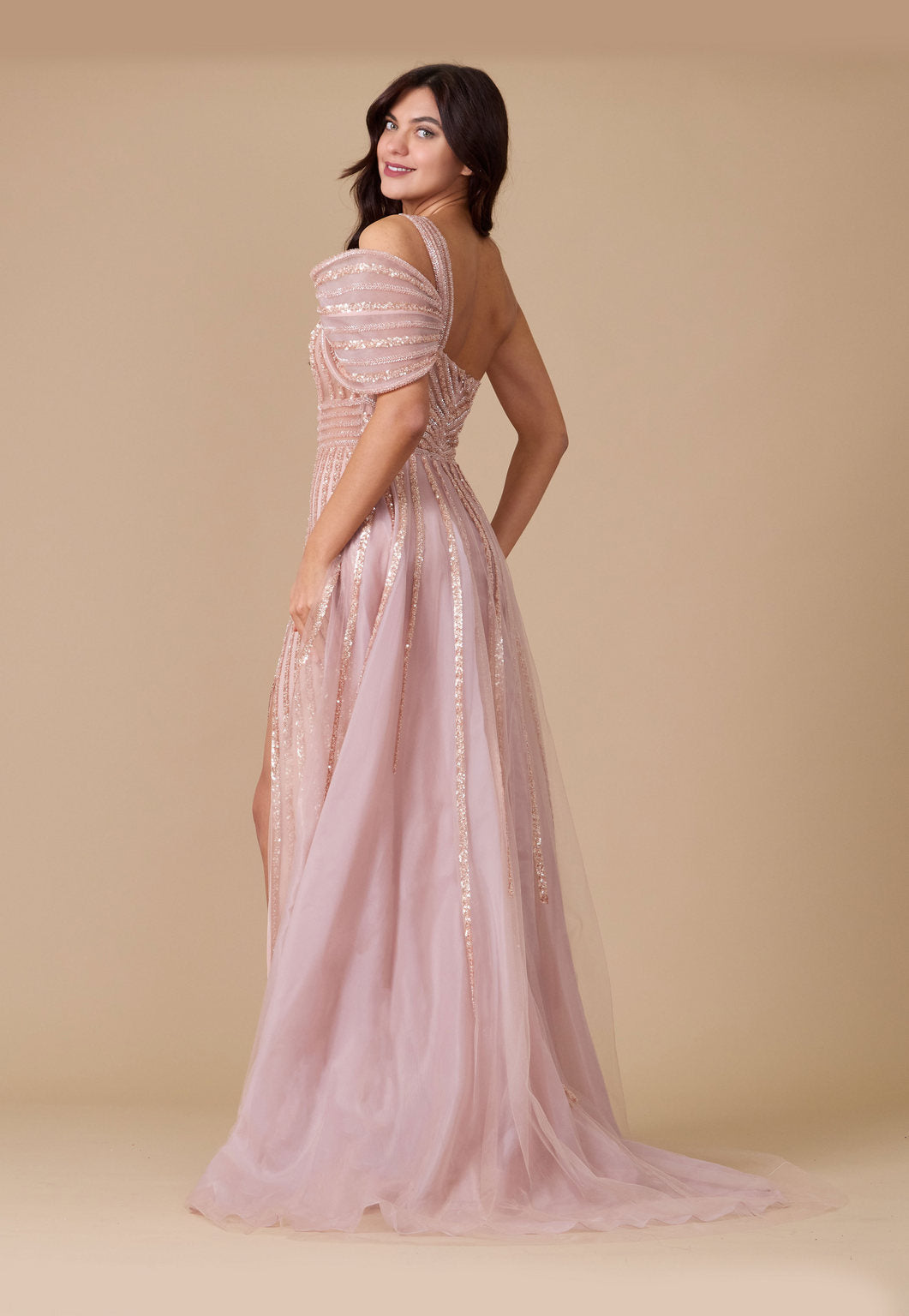 Long Couture Hand Beaded Cold Shoulder Formal Dress – Rose Gold