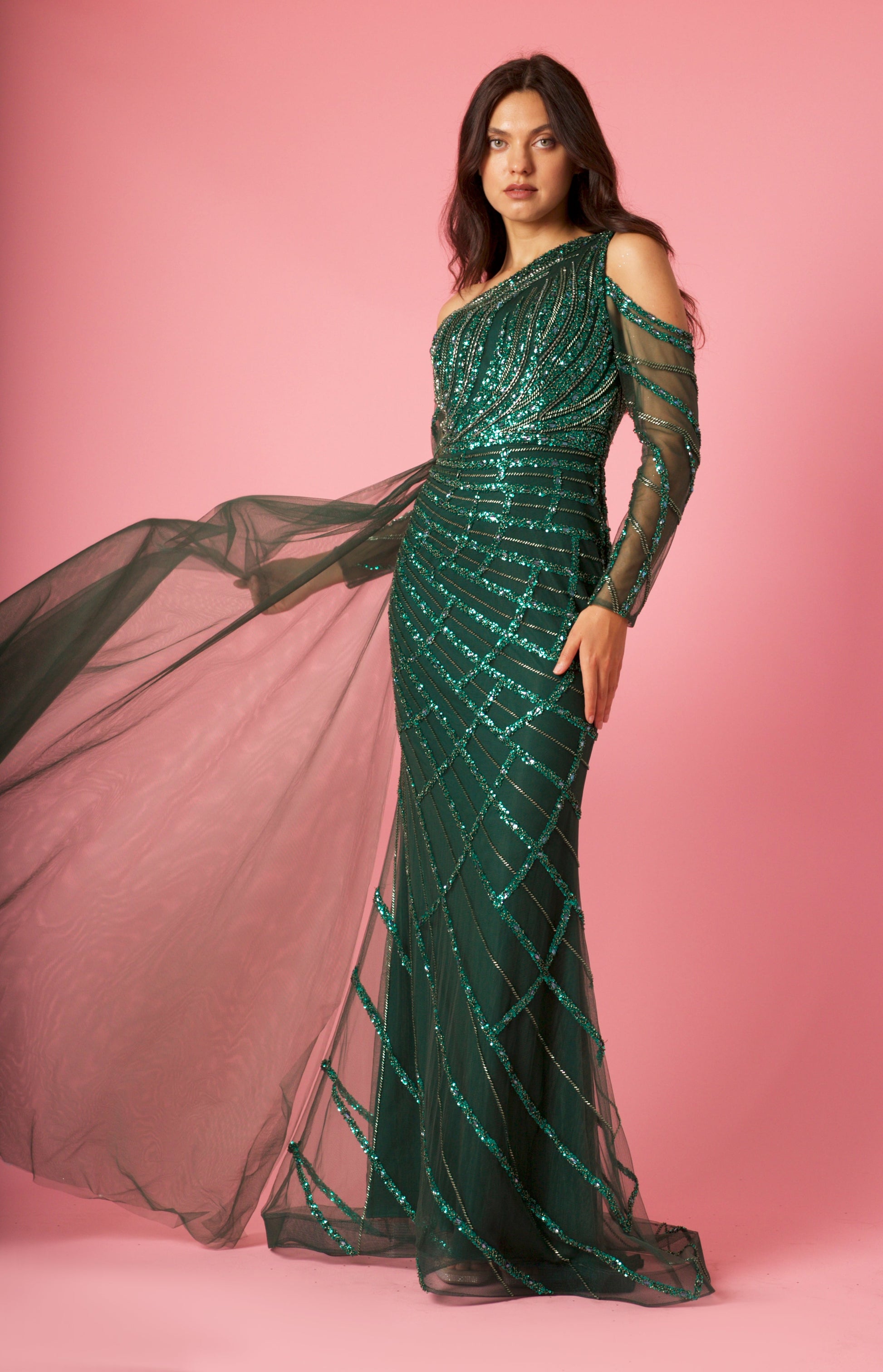 Formal Dresses Long Couture Long Sleeve Beaded Formal Dress Emerald Green