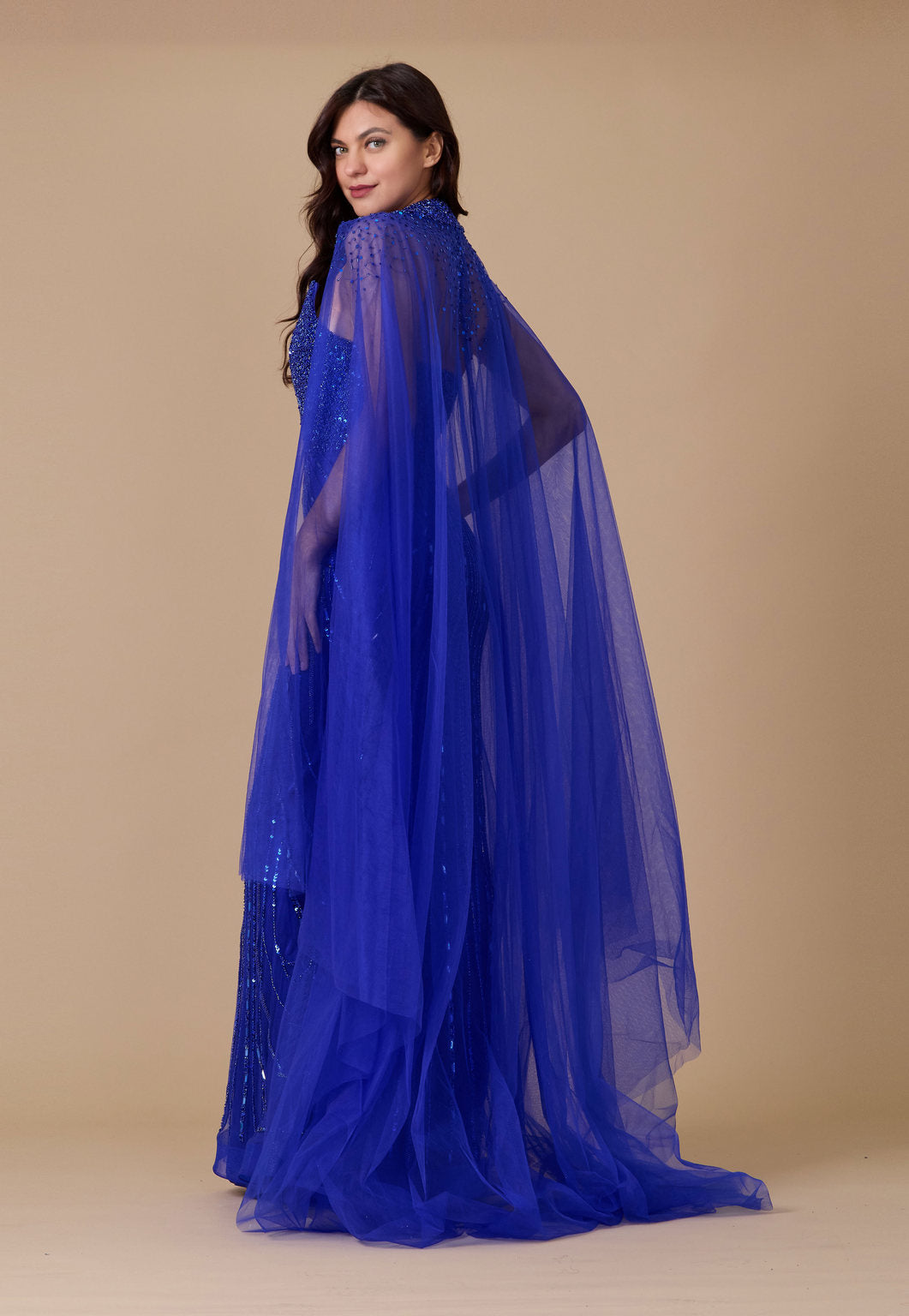 Sleeveless Long Sequin Cape Couture Formal Evening Dress – Gold