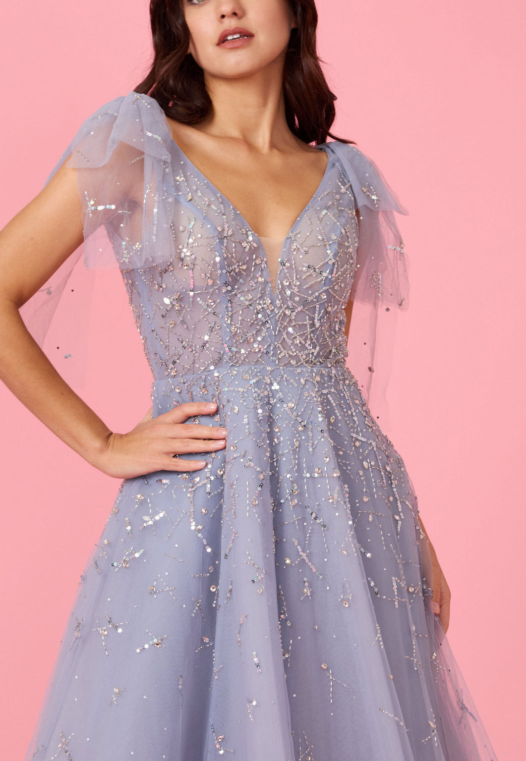 Short Sleeve Silver Formal Evening Dress – Silver