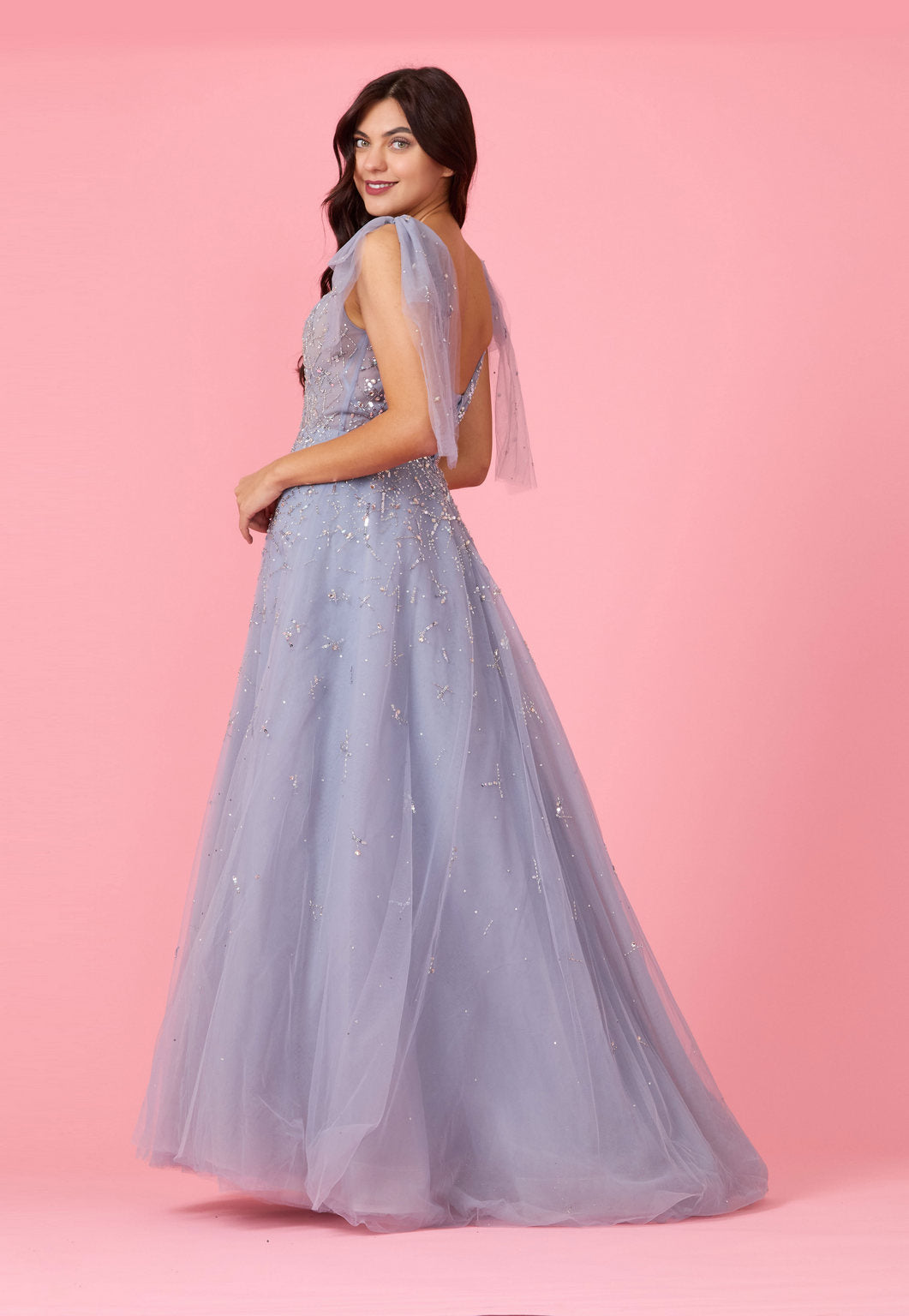 Short Sleeve Silver Formal Evening Dress – Silver